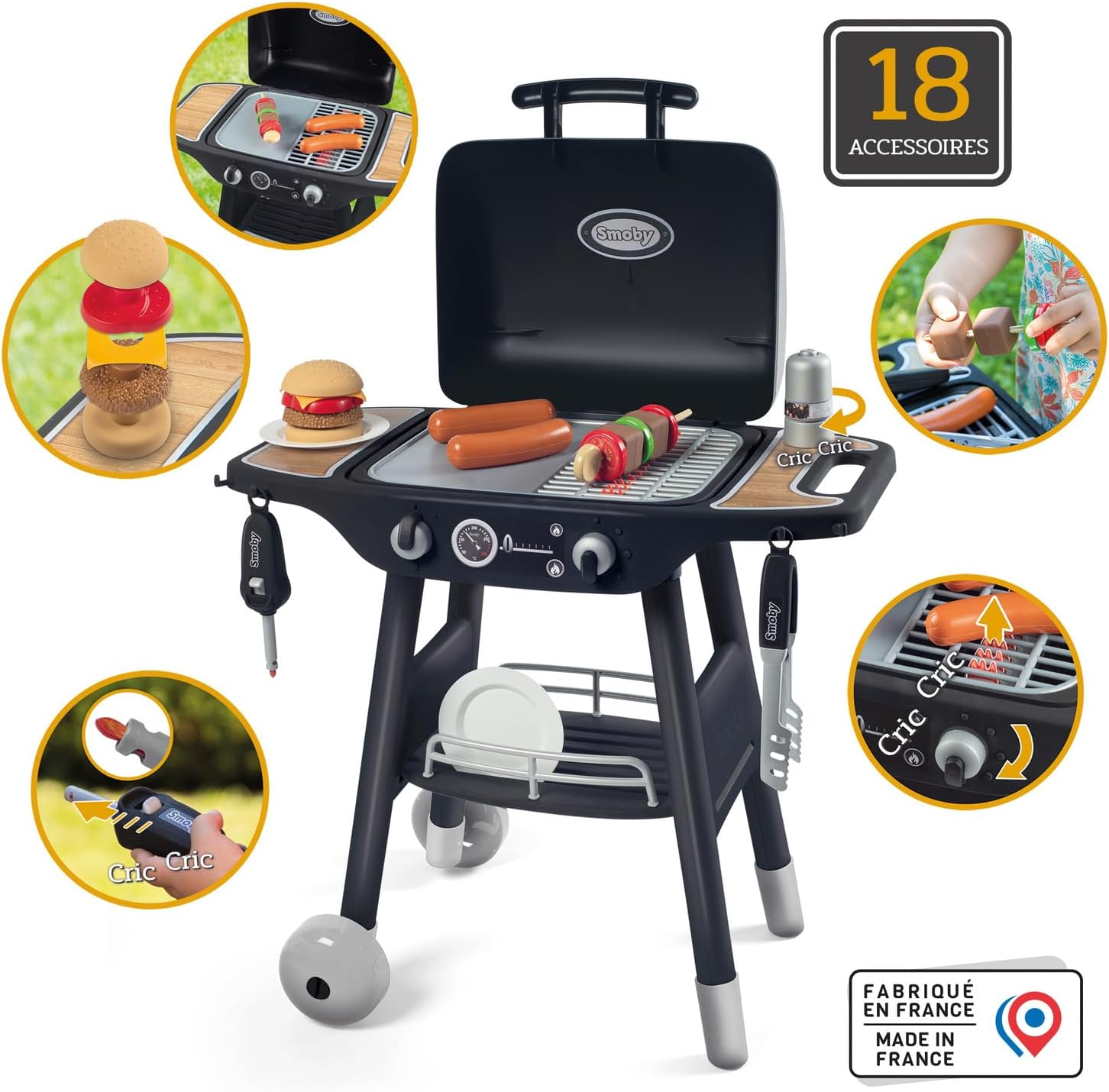 SMOBY BBQ Grill Playset &ndash; Toy Barbecue with Grill, Griddle, 18 Accessories, Magic Retractable Flames & Realistic Gas Lighter &ndash; Pretend Play Outdoor Toy for Kids Ages 3+