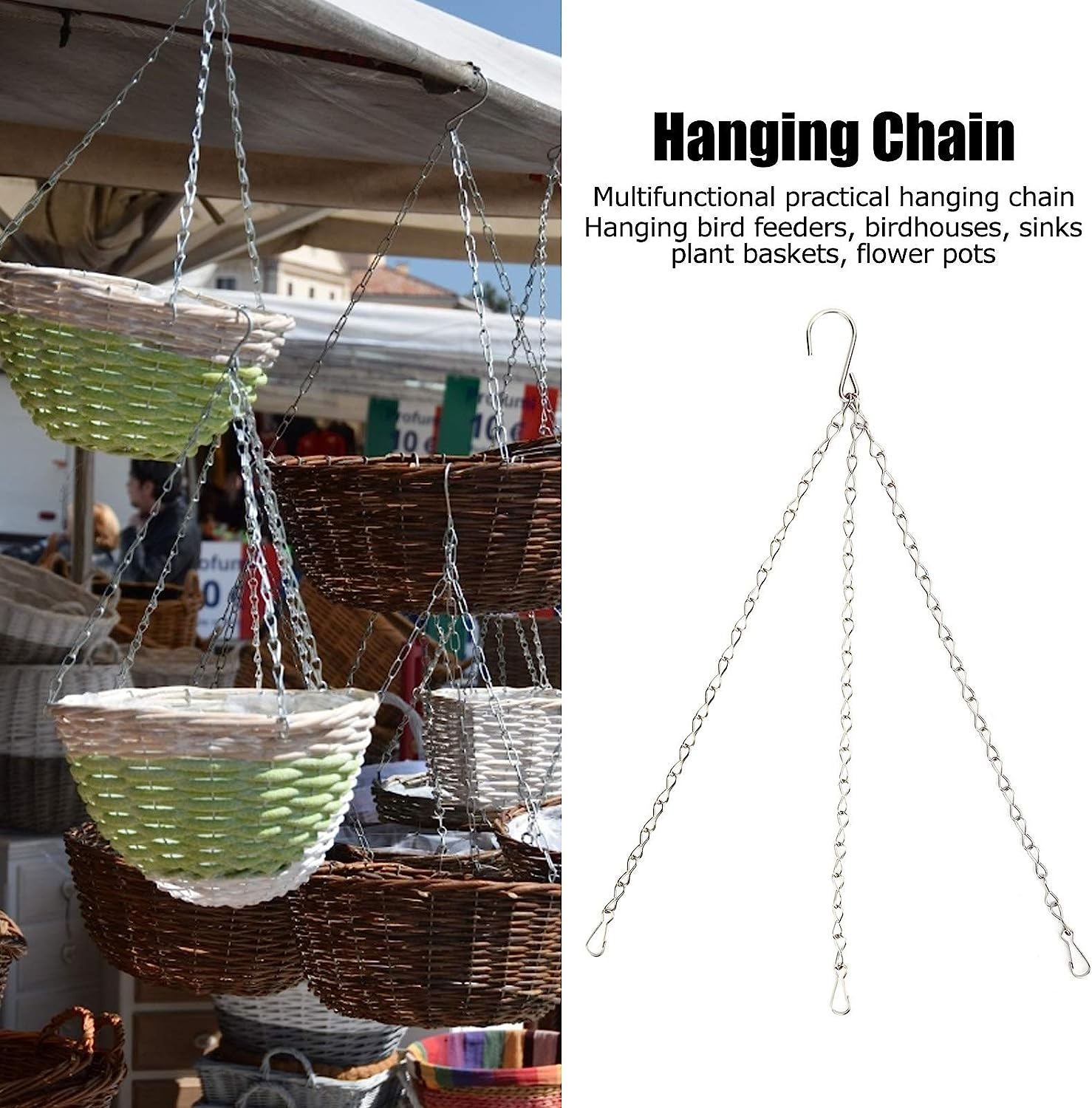 Hanging Planter Baskets Chains, Hanging Basket Hooks Flower Pot Hanger 4Pcs Decorative Flower Pot Chain 3 Point Stainless Steel Garden Hooks for Outdoor Indoor Planters Bird Feeders Wind Chimes image number 4