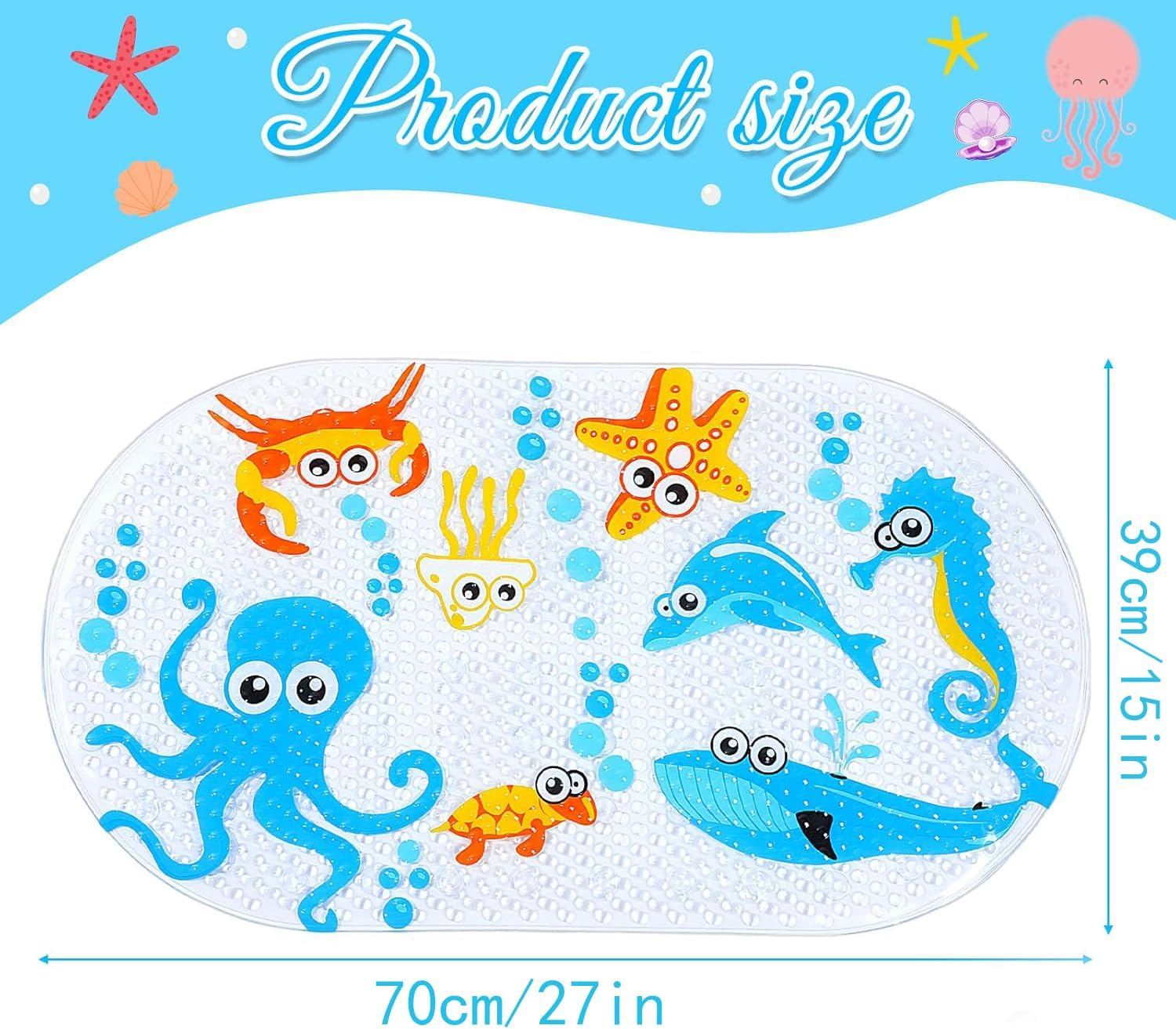 Bath Mats for Tub Kids,Large Cartoon Non-Slip Bathroom Bathtub Kid Mat for Baby Toddler Anti-Slip Shower Mats for Floor 27Inx15In,Machine Washable XL Size Bathroom Mats (Blue)