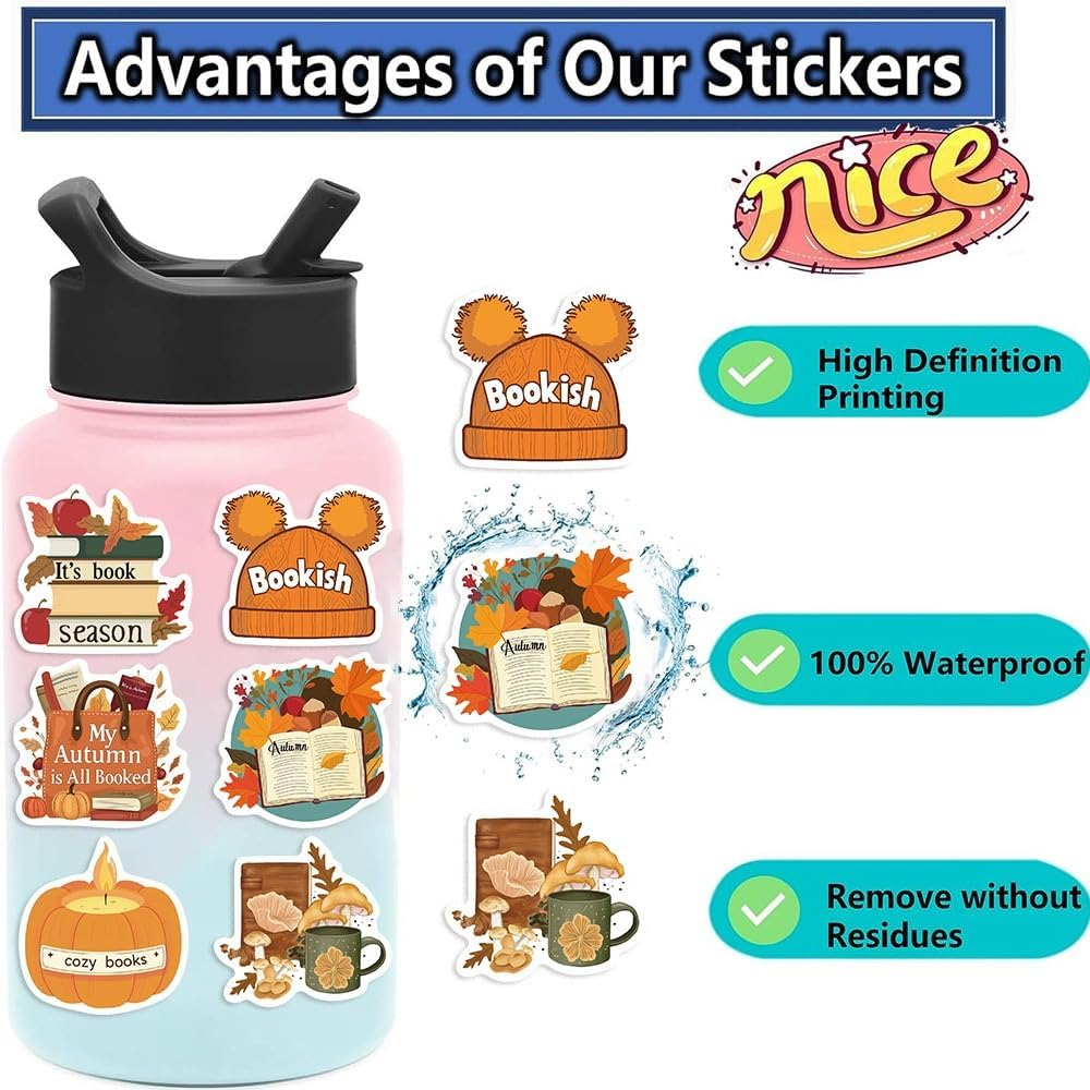 50Pcs Book Stickers for Kindle,Bookish Stickers Decals,Vinyl Waterproof Stickers for Laptop Water Bottle,Book Lovers Gifts
