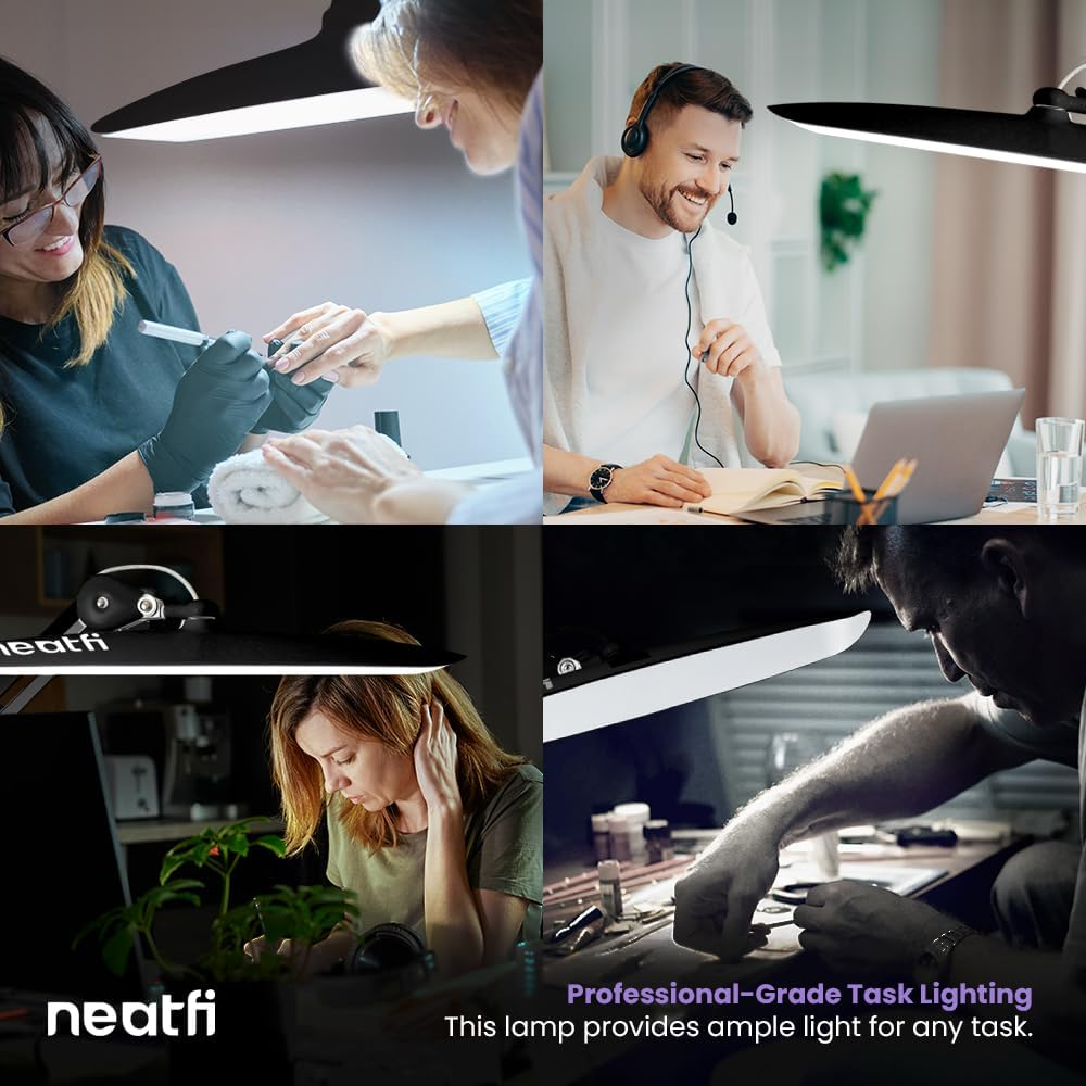 Neatfi XL LED Desk Lamp with Clamp, 2200 Lumens, 24W, 50Cm Wide Head, Dimmable 4 Brightness Levels, Task Light for Home Office, Crafts, Workbench (Non-Cct with Clamp, Black) image number 6