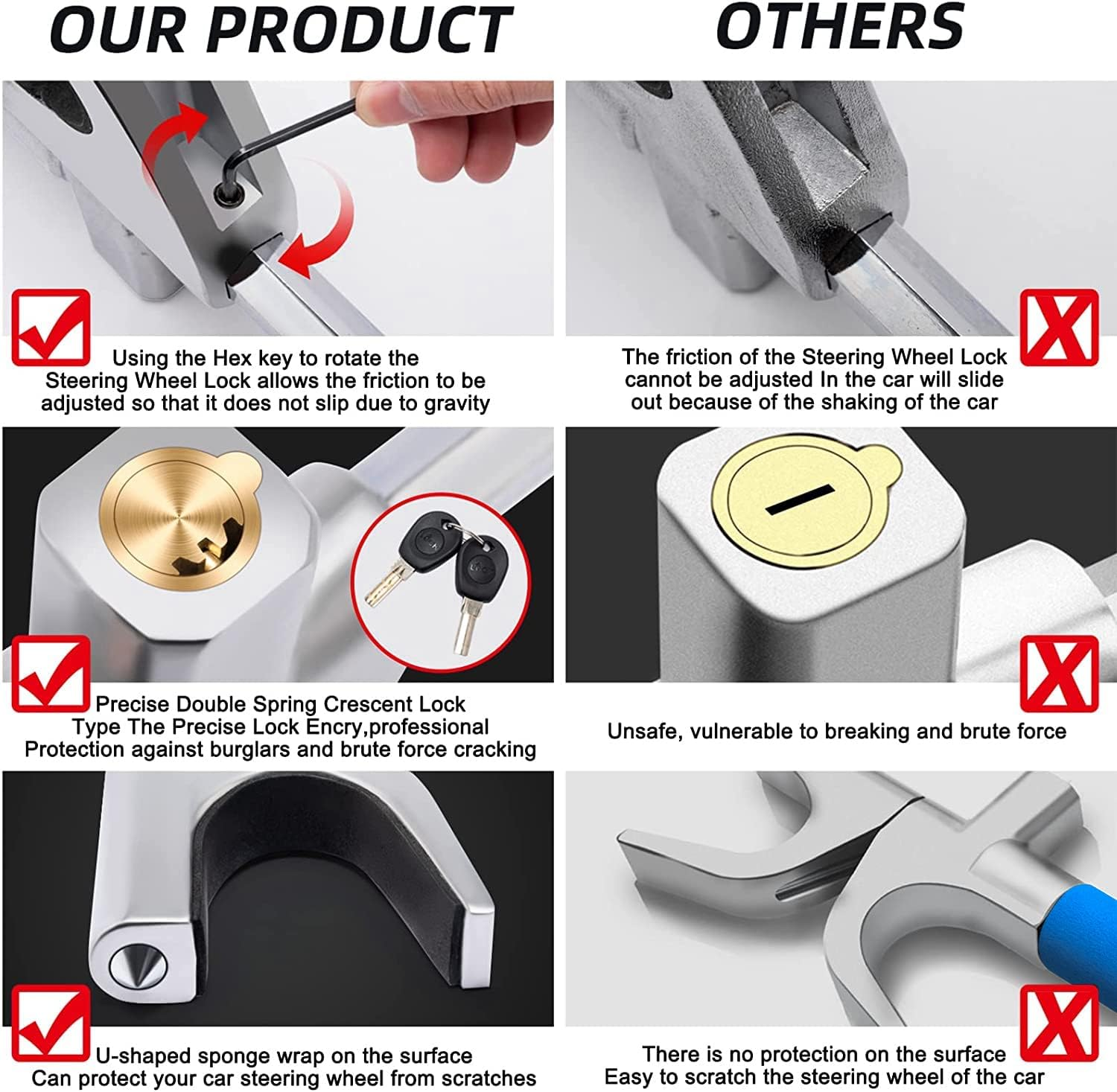 4-In-1 Steering Wheel Lock with Flashlight/Sos LED Ligth,Seat Belt Cutter,Escape Hammer,2 Keys Retractable Steering Lock,Vehicle Anti-Theft Lock，Universal for Auto/Truck/Suv/Van(Blue) image number 2