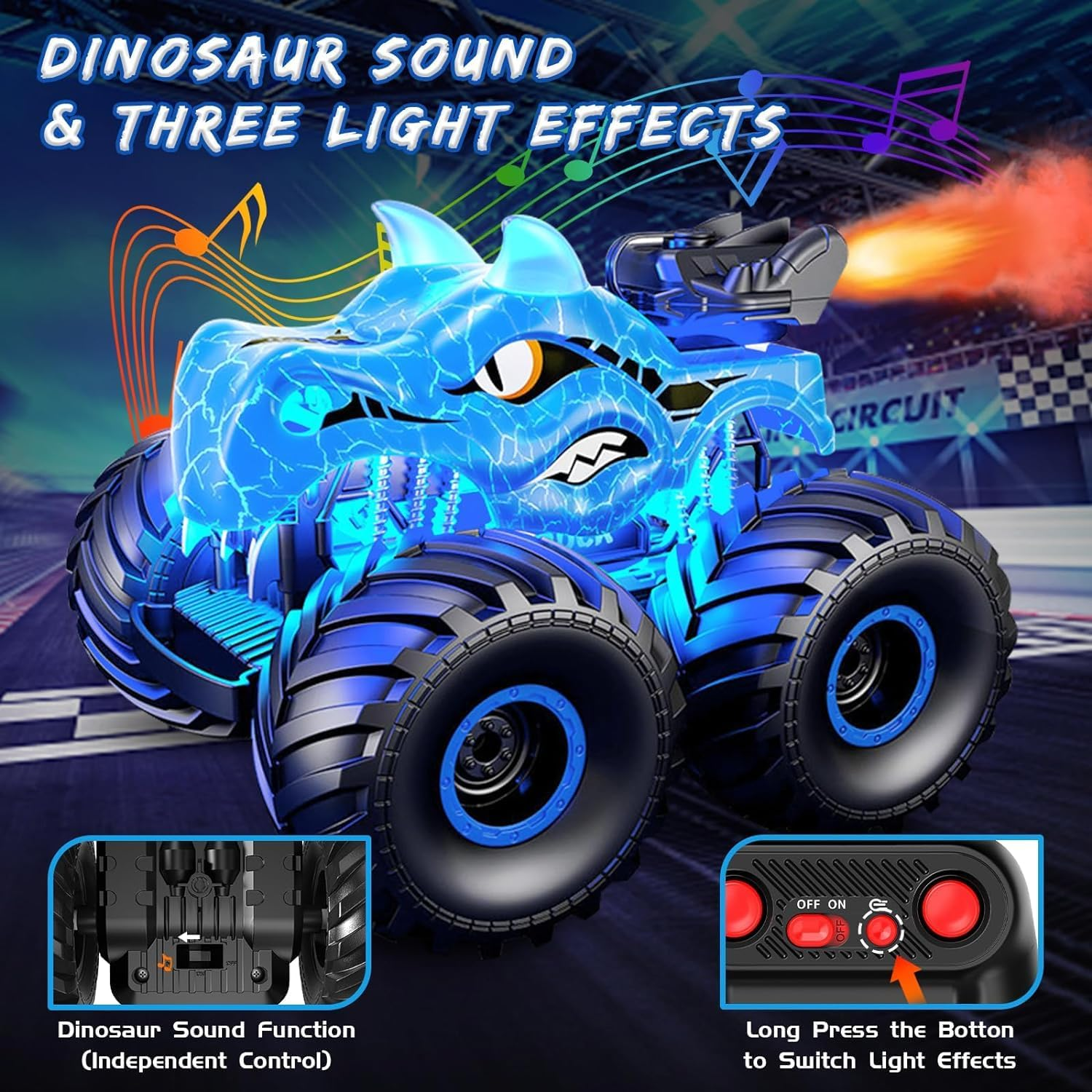 Remote Control Dinosaur Car, 2.4Ghz RC Monster Trucks for Boys with Spray, Light & Sound, All Terrain RC Cars with 2 Batteries, Dinosaur Toys for Kids 3 4 5 6 7 8, Christmas Birthday Gift (Blue) image number 5