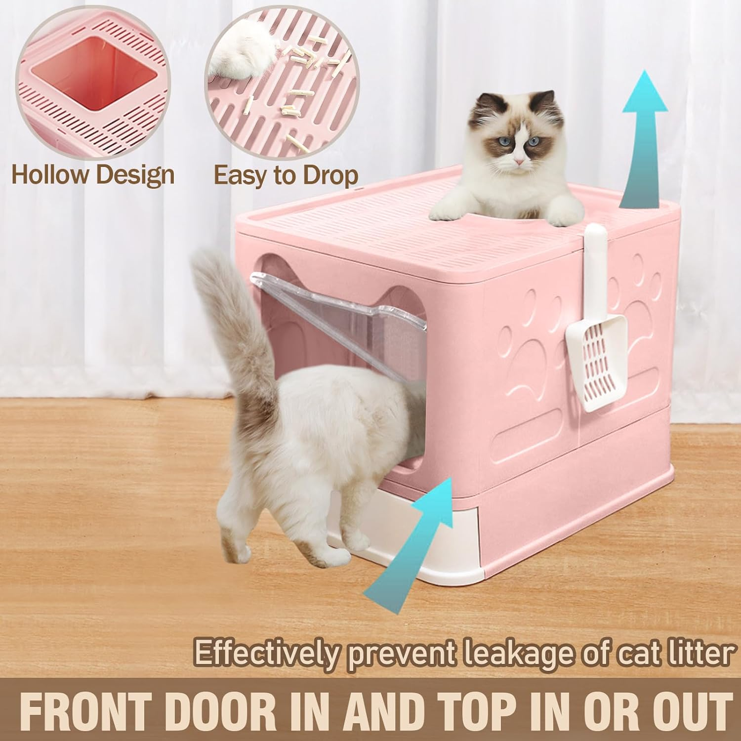 Stainless Steel Enclosed Cat Litter Box with Lid, Foldable Metal Enclosed XL Top Entry Kitty Litter Pan Tray with Scoop,Easy to Clean(Pink) image number 4