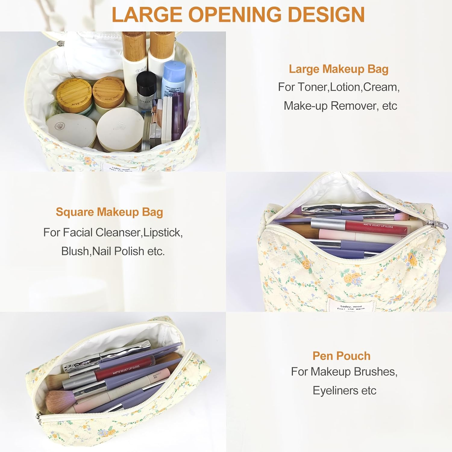 TOPALL Makeup Bag,Cosmetic Bag,Floral Cotton Quilted Makeup Bag,Classic Toiletry Bag,Cosmetic Pouch,Makeup Bag for Women Girls,Orange Flower image number 4