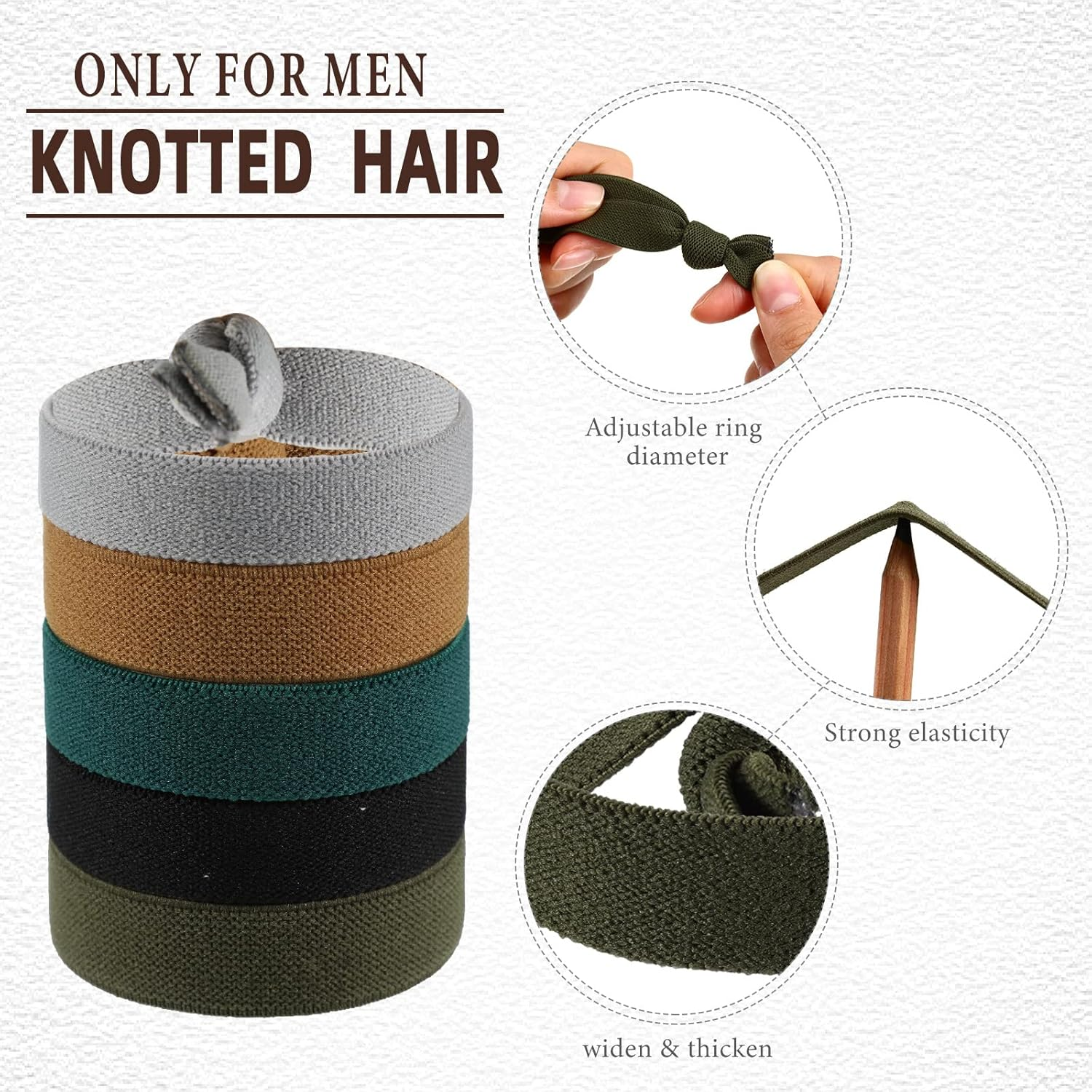 Juexica 30 Pcs Knotted Mens Hair Ties, Elastic Flat Man Bun Hair Tie for Men, Hair Ties for Long Curly Long Hair (Multicolored) - Black image number 6