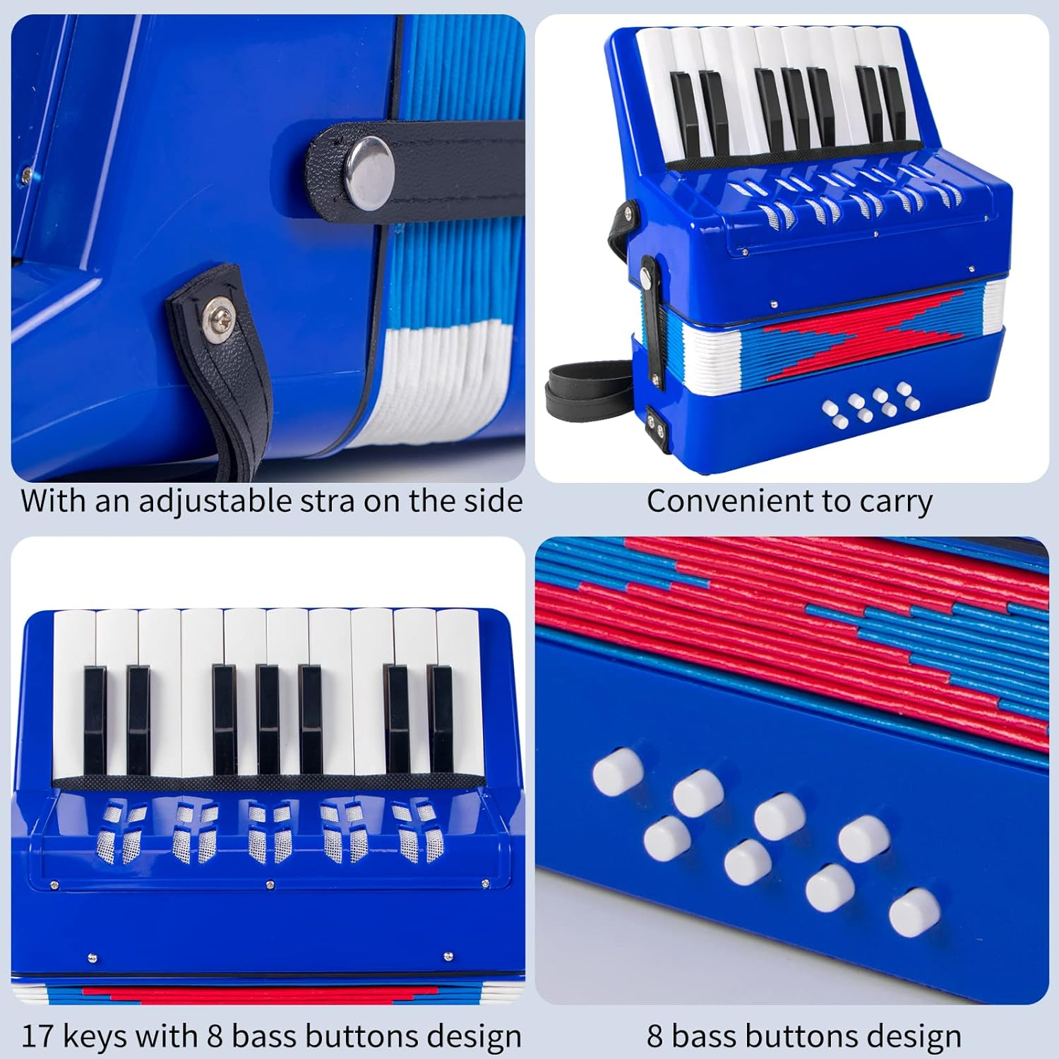Accordion, 17 Keys Piano Accordion 8 Bass with Straps for Beginners Kids Student Educational Musical Instrument (Blue) image number 2