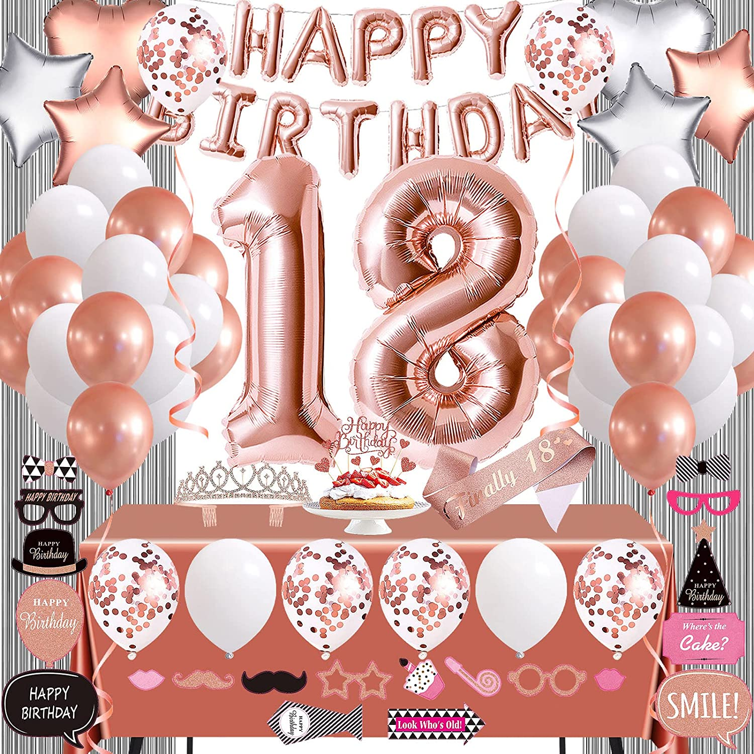 Rose Gold 18Th Birthday Party Decorations for Girls, Supplies Including Happy Birthday Balloons, Fringe Curtain, Tablecloth, Photo Props, Foil Balloons, Sash and Tiara image number 2