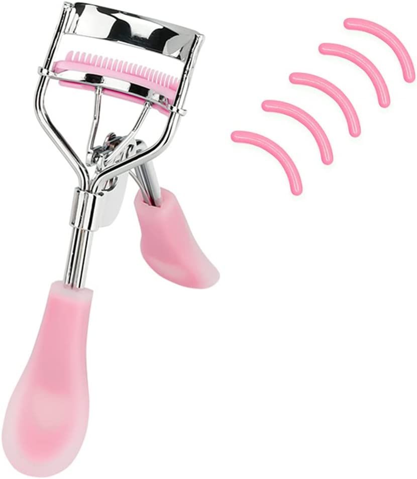 Stainless Steel Eyelash Curler with Built-In Comb Pinch Pain-Free Suitable for Any Eye Shapes and Sizes, with 5 Silicone Refill Pads (Black)