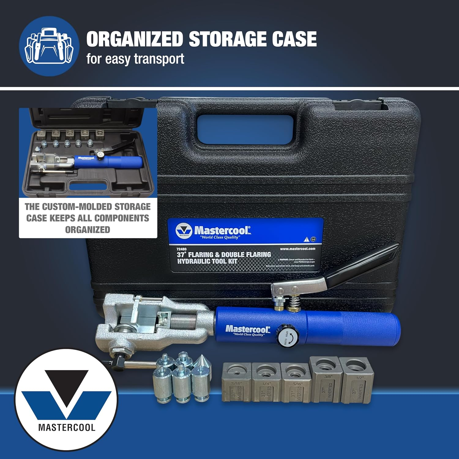Mastercool 72480 Blue & Silver 37 Degree Flaring/Double Flaring Hydraulic Tool Kit image number 3