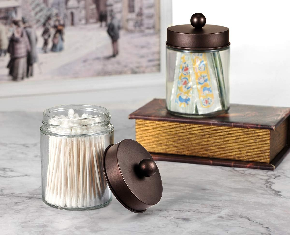 Amolliar 4Pc Apothecary Jars Bathroom Vanity Storage Organizer Set -Countertop Canister with Stainless Steel Lids &Cute Stickers - Qtip Dispenser Holder for Qtips,Cotton Swabs,Makeup Sponges (Bronze) - Brushed Nickel image number 6