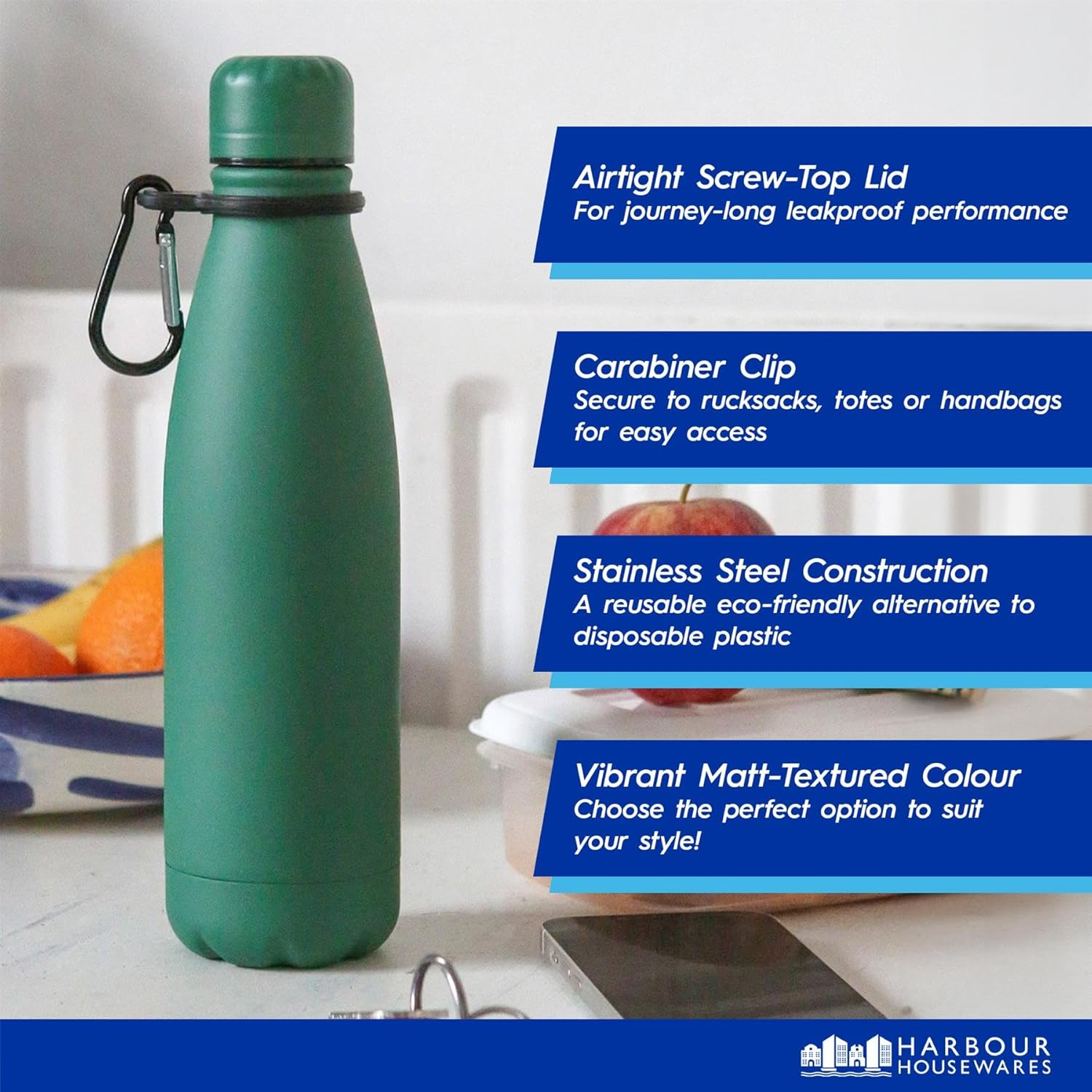 Harbour Housewares Stainless Steel Water Bottle with Carabiner Clip - 500Ml - Matt Blue - 1X Metal Cold Drink Drinking Vacuum Drinks Flask with Leak Proof Lid for Adults & Kids Gym, Sports, Travel image number 5