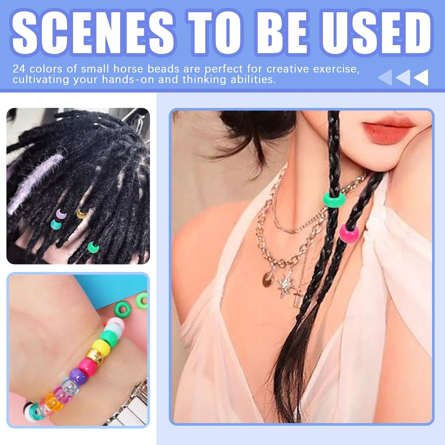 Glarks 1254Pcs 24 Color Pony Beads Kit with Elastic String, Rubber Band, Quick Beader and Scissors - Solid Pearlescent Transparent Matte Rainbow Hair Beads for Braids Bracelet Making Craft