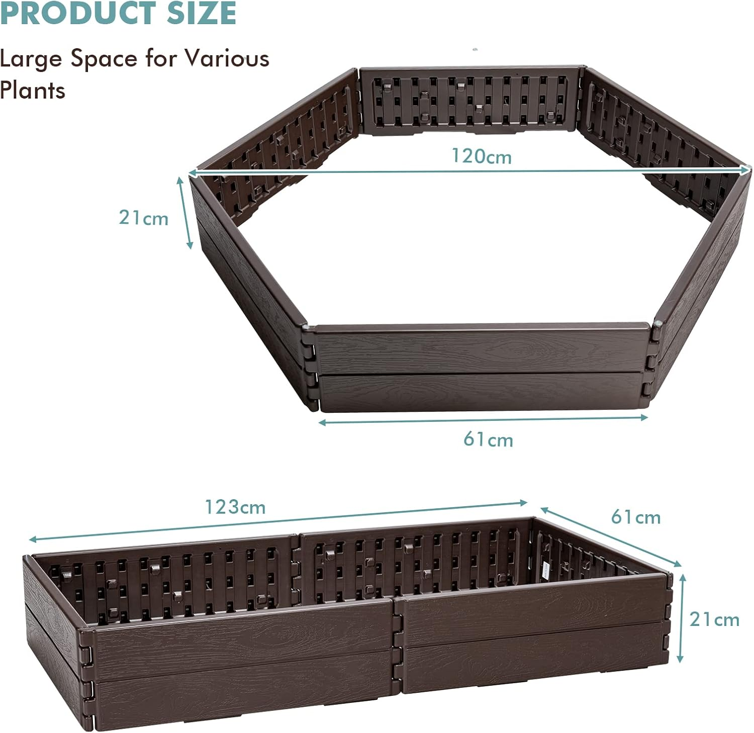 Costway HDPE Raised Garden Bed, Outdoor above Ground Garden Planter W/ 2 Configurations of Rectangular & Hexagon, Easy-Setup Gardening Bed W/Metal Stake, Open Base, Resist Weather, for Garden, Patio image number 2