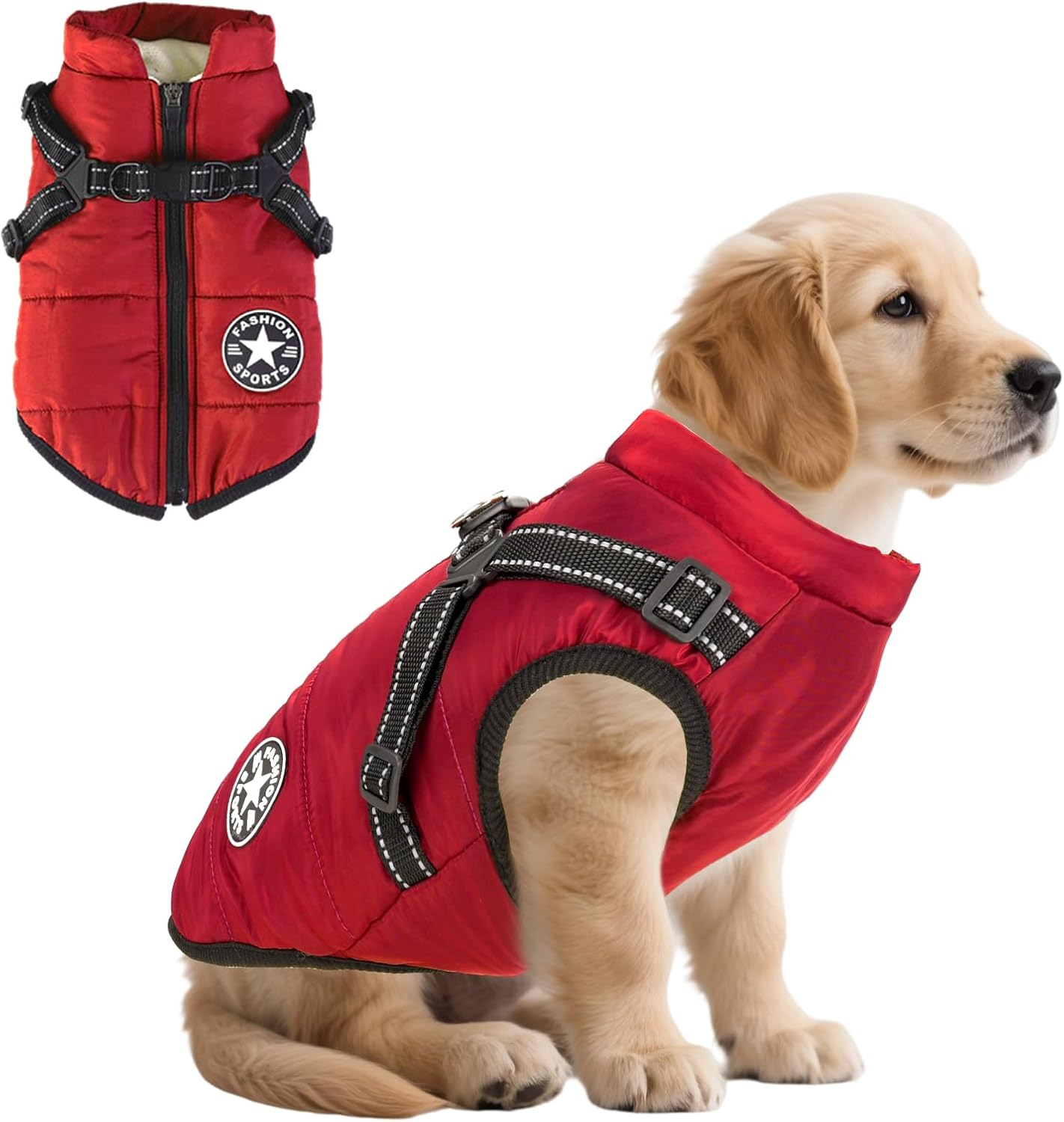 Reflective Padded Dog Jacket with Built-In Harness, Water-Resistant Winter Dog Coat with D-Ring Leash & Fur-Safe Zipper, Warm Windproof Coats for Small Dogs and Kittens (Red, S) image number 2