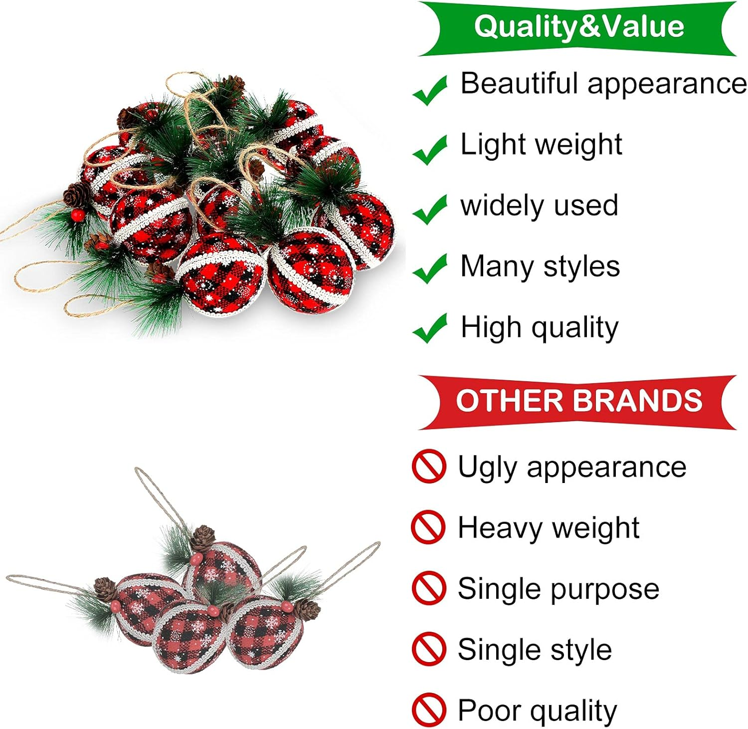 12 Pieces Christmas Buffalo Plaid Ball Ornaments Plaid Burlap Ornament Foam Christmas Ball Ornaments Christmas Hanging Indoor Ornaments for Christmas Party Anniversary Decorations image number 1