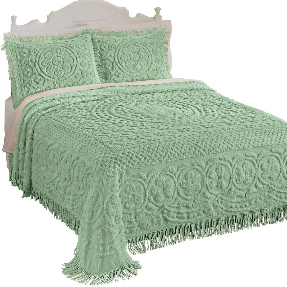(Queen, Sage) - Calista Chenille Bedspread with Fringe Border, Sage, Queen, Cotton image number 4