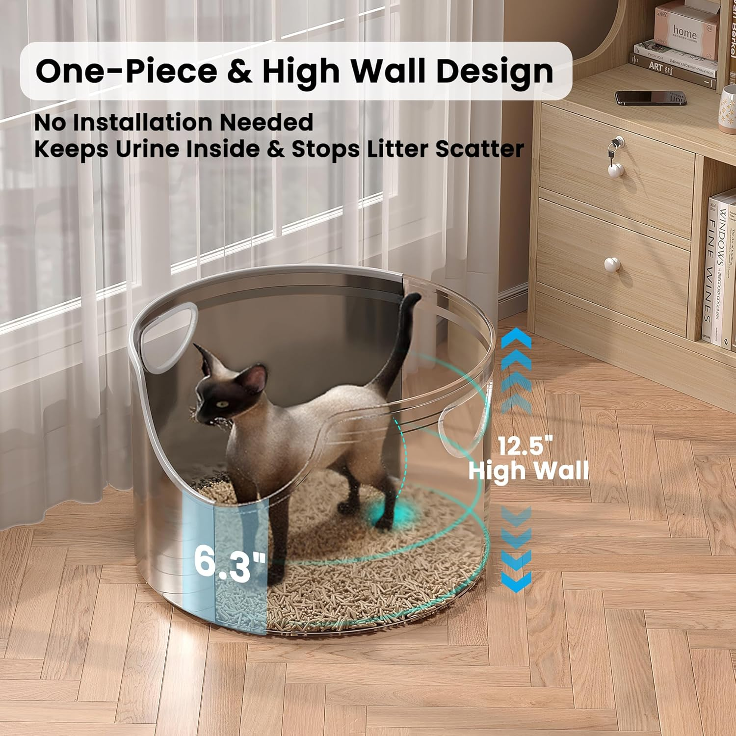 Stainless Steel Litter Box Metal with Integrated round for XL/XXL Big and Multi Cats, 31 Cm High Wall High Side, Odor Control, Easy to Clean, Durable, Includes Stainless Steel Scoop image number 6
