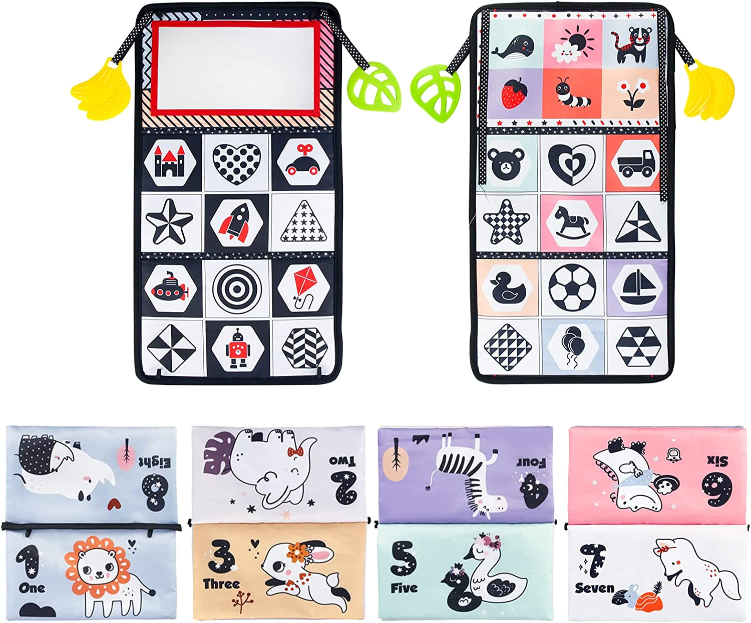 Hapavis Tummy Time Toys Cloth Books with Mirror Teethers Black and White High Contrast Early Educational Toy Graphic Series