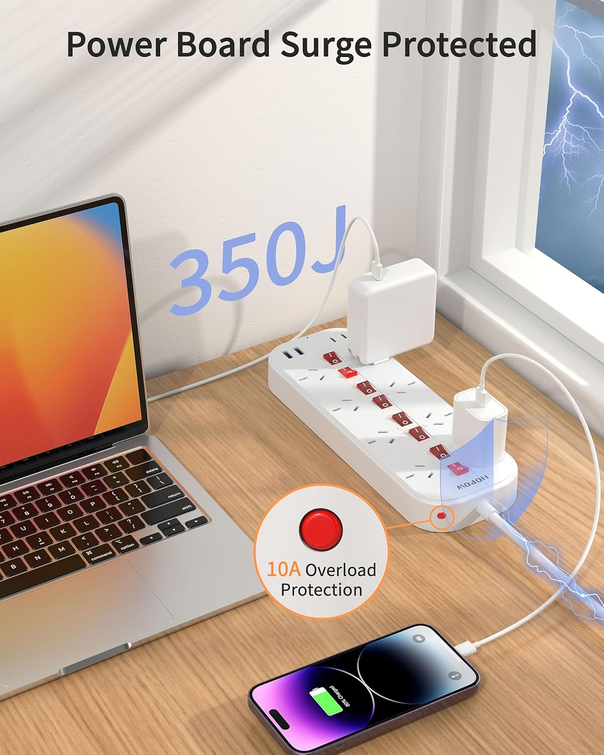 Power Board with Individual Switches, Power Strip with 8 Wide Outlets(2 USB a & 2 USB C), 350J Surge Protection Power Board, Powerboard 10A/2400W, 2M Extension Cord for Home, Office, Hotel image number 1