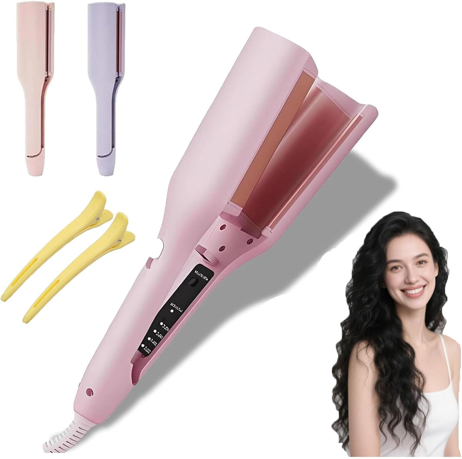 Homessencials Hair Styling Tool with Negative Ionic Technology,French Curls Iron,Wave Curling Iron,4 Gears Double-Sided Heating,Homessencials 3D Curling Iron for Quickly Creating Smooth Waves (Pink)