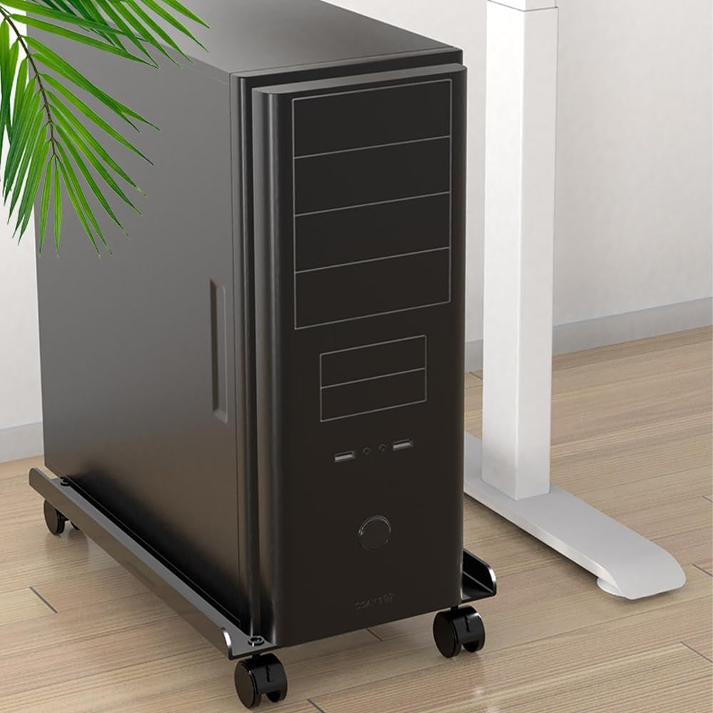 Computer Tower Heavy-Duty CPU Stand Cart with Four Wheels Rolling Monitor Support Mobile PC Holder Desk Accessories (White) image number 1