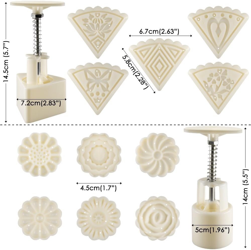 2 Sets Mooncake Mold Press 50G with 11 Stamps, SENHAI Flower and Triangle Shape Decoration Tools for Baking DIY Cookie - White image number 6