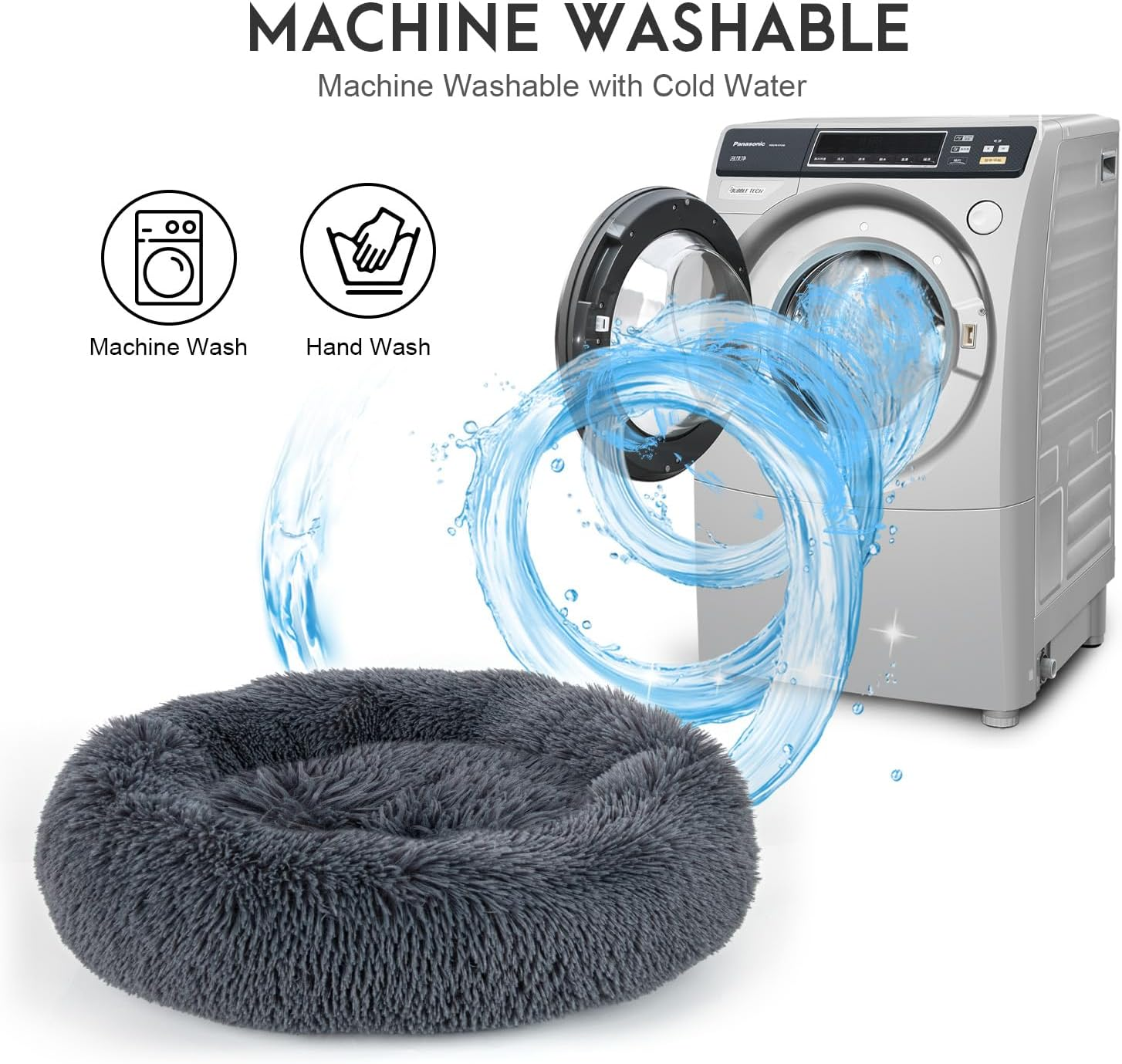 Dog Calming Donut Bed, Fluffy Plush Pet Bed Pillow Sofa Bed for Medium Large Dogs Cats, anti Anxiety Pet Bed Cuddle round Cushion with Non-Skid Bottom Washable, 80CM, Deep Grey image number 1