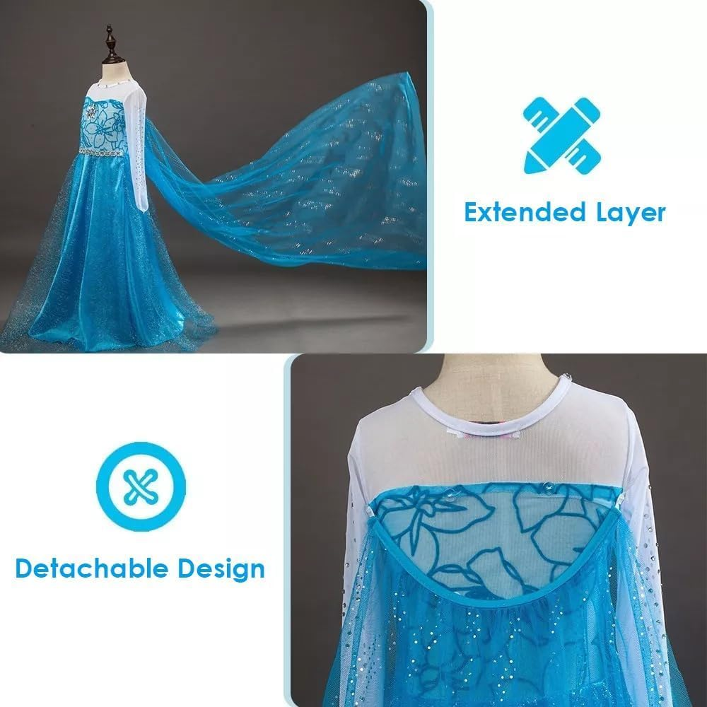 AUTOWT Girls Princess Dress Up, Sparkling Blue Princess Dress Set with Cape and Tiara, Glittery Ice-Themed Gown Fancy Party Costume for Birthday Children'S Day image number 6