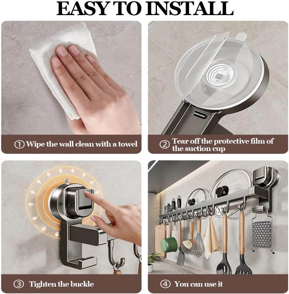 Kitchen Organizer, Kitchen Utensil Rack, Double Rod Wall Mount Hanging Shelf, Pot Hanging Rack, Kitchen Railing with Hooks for Pots and Pans, Gray (10 Hooks 50Cm) image number 2