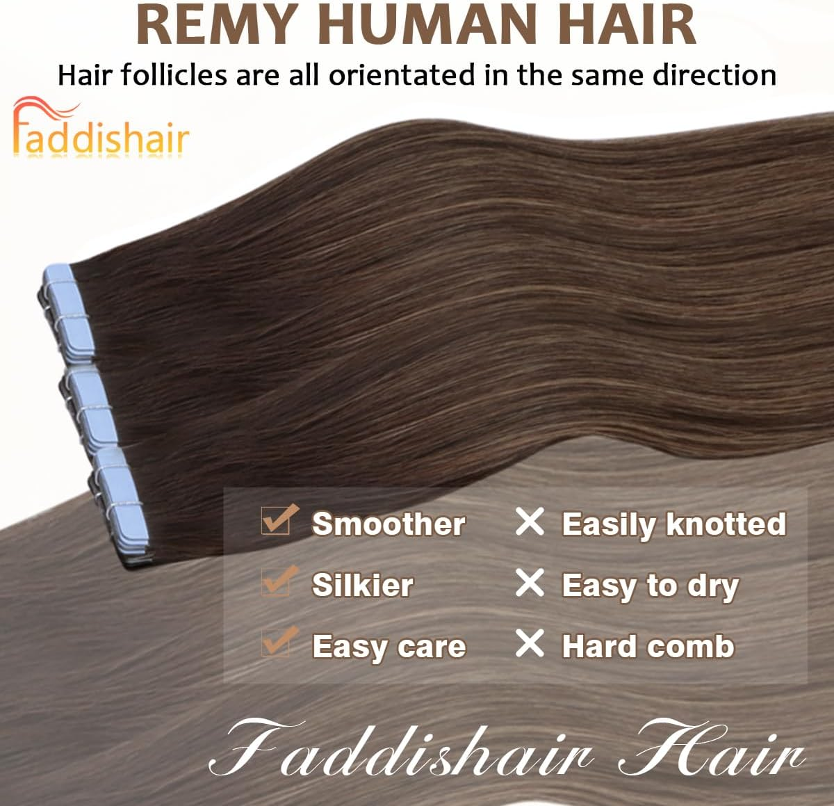 Tape in Hair Extensions Human Hair 16 Inches Balayage D.Brown to Golden Brown 20Pcs 50G/Pack Straight Seamless Weft Skin (Balayage D.Brown to Golden Brown) image number 2