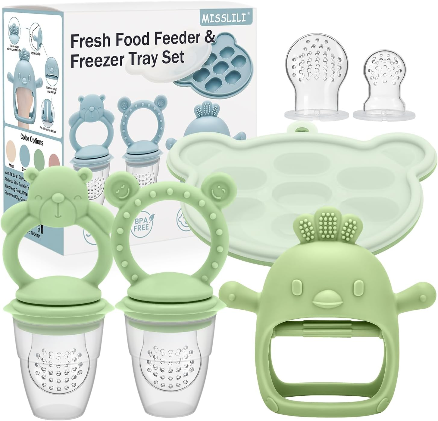 4Pcs Baby Silicone Fruit Food Feeder Pacifier & Breastmilk Popsicle Freezer Molds, Chick Teether Toy & Baby Food Storage Containers Frozen Ice Tray for Baby Feeding Teething Safely, BPA Free