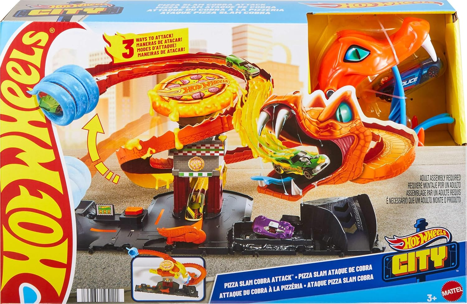 Hot Wheels City Toy Car Track Set, Pizza Slam Cobra Attack Playset, Snake Tail Spiral with Randomizer, 1 Vehicle in 1:64 Scale image number 2