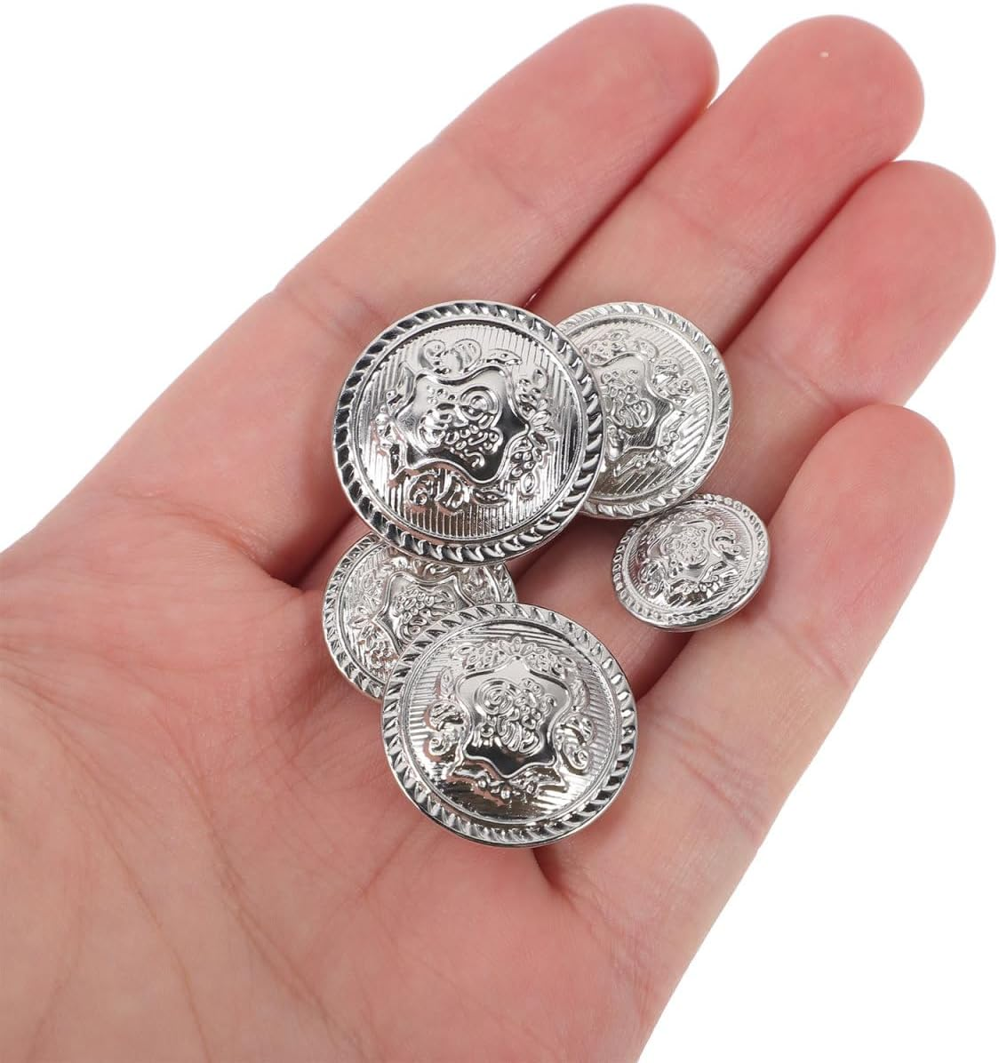 VICASKY 50PCS Metal Blazer Button Set, Silver Buttons for Jeans Button, Replacement Jeans Buttons Metal Silver Vintage Blazer Button Set /15.0MM,28L/18.0MM,34L/20.0MM,36L/23.0 MM,40L/25.0 - Silver image number 6