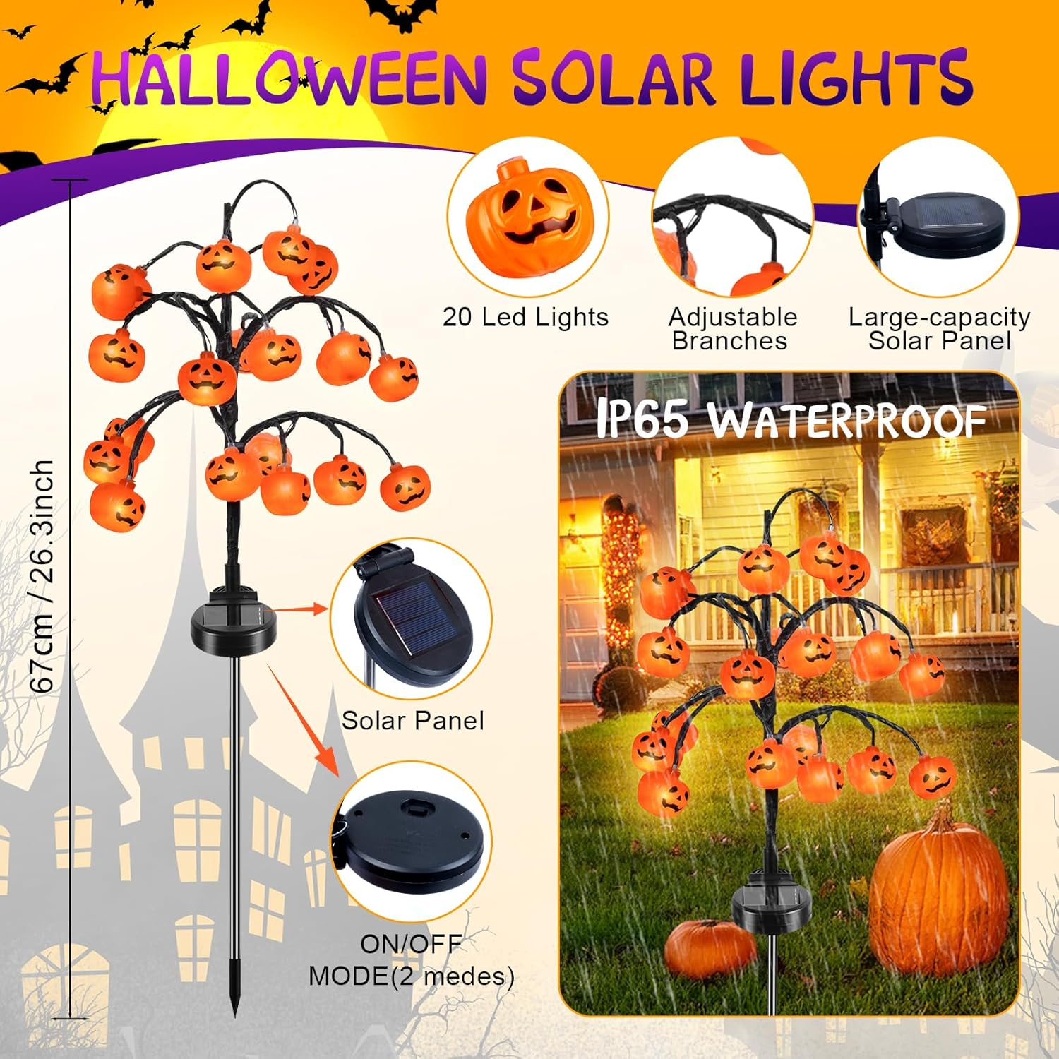 Ninonly Halloween Solar Pumpkin Lights, 2 Pack 40 LED Pumpkin for Halloween Outdoor Decoration, Waterproof Solar Garden Lights for Garden Yard Lawn Decor image number 4