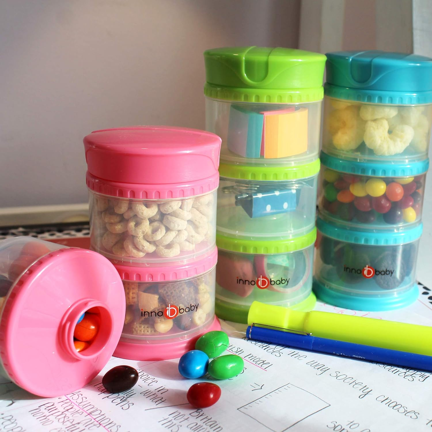 Innobaby Packin' Smart Stackable and Portable Storage System for Formula, Liquid, Baby Snacks and More. 3 Stackable Cups in White. BPA Free. image number 1