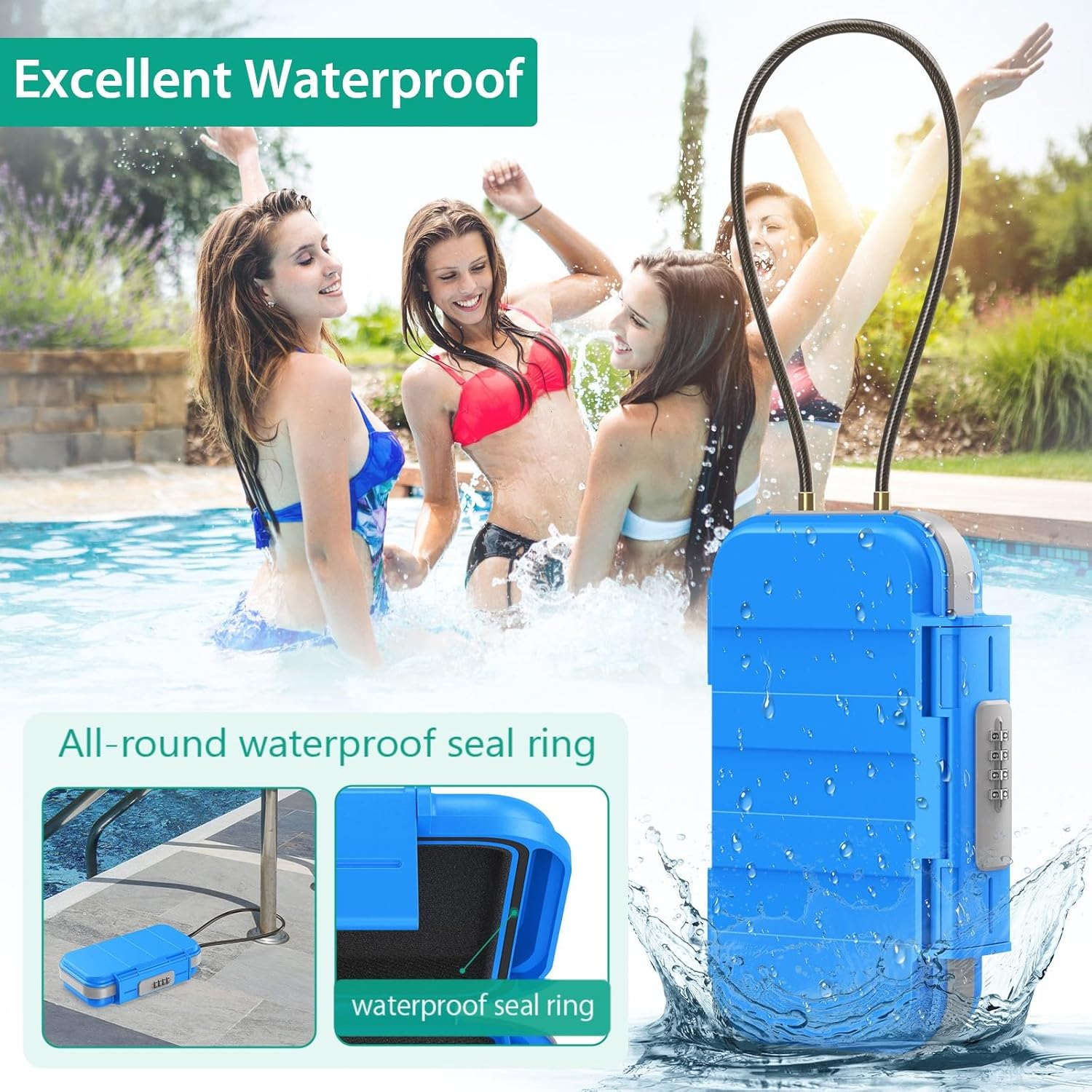 ORIA Portable Safe Box, Security Lock Box, Safe Lock Case with 4-Digit Code, Removable Wire Rope, Waterproof Key Lock Box for Passport, Credit Card, Phone, for Travel, Home, Office, Hotel, Beach -Blue