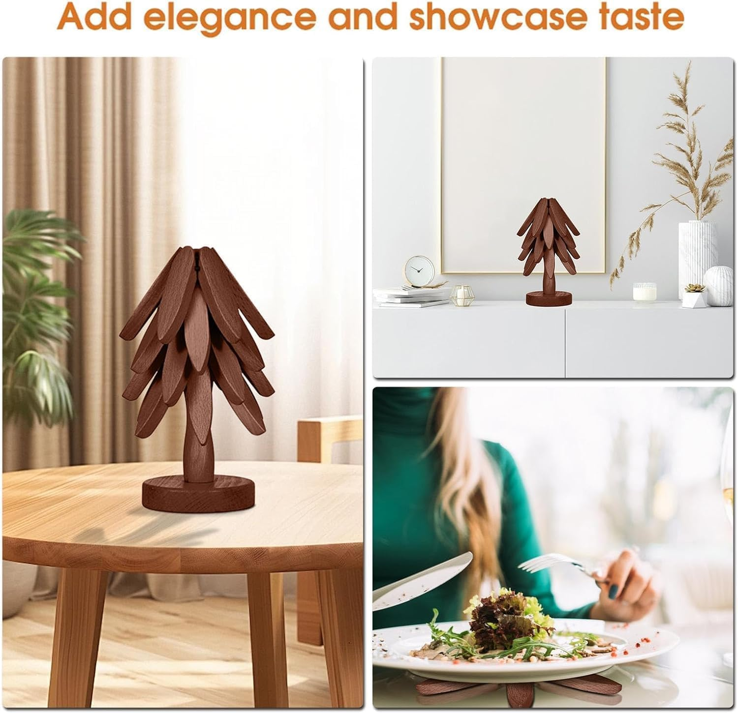 Wooden Tree Trivets Set of 4, Walnut Wood, Auto-Folding, Multi-Functional, Brown