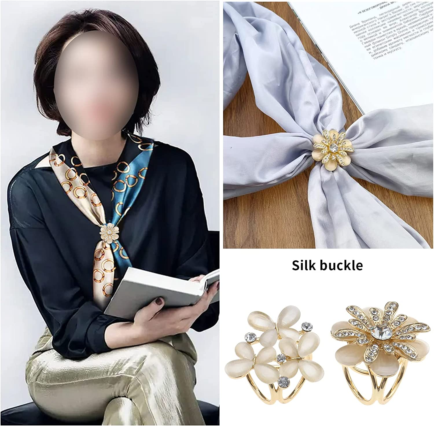 Ecsing 8PCS Rhinestone Scarf Buckle Pearl Neckerchief Holder Ring Silk Scarf Clasp Blouse Clip Wrap Clamp Shawl Holder Clothes Decoration Supplies for Women image number 6