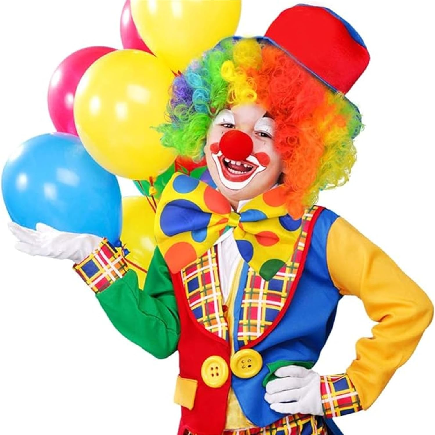 4 Pcs Clown Costume Wig Set, Rainbow Wig Red Clown Nose Tie White Gloves for Halloween Parties Christmas Carnival Circus Cosplay Party Men Women Kid Adults image number 6