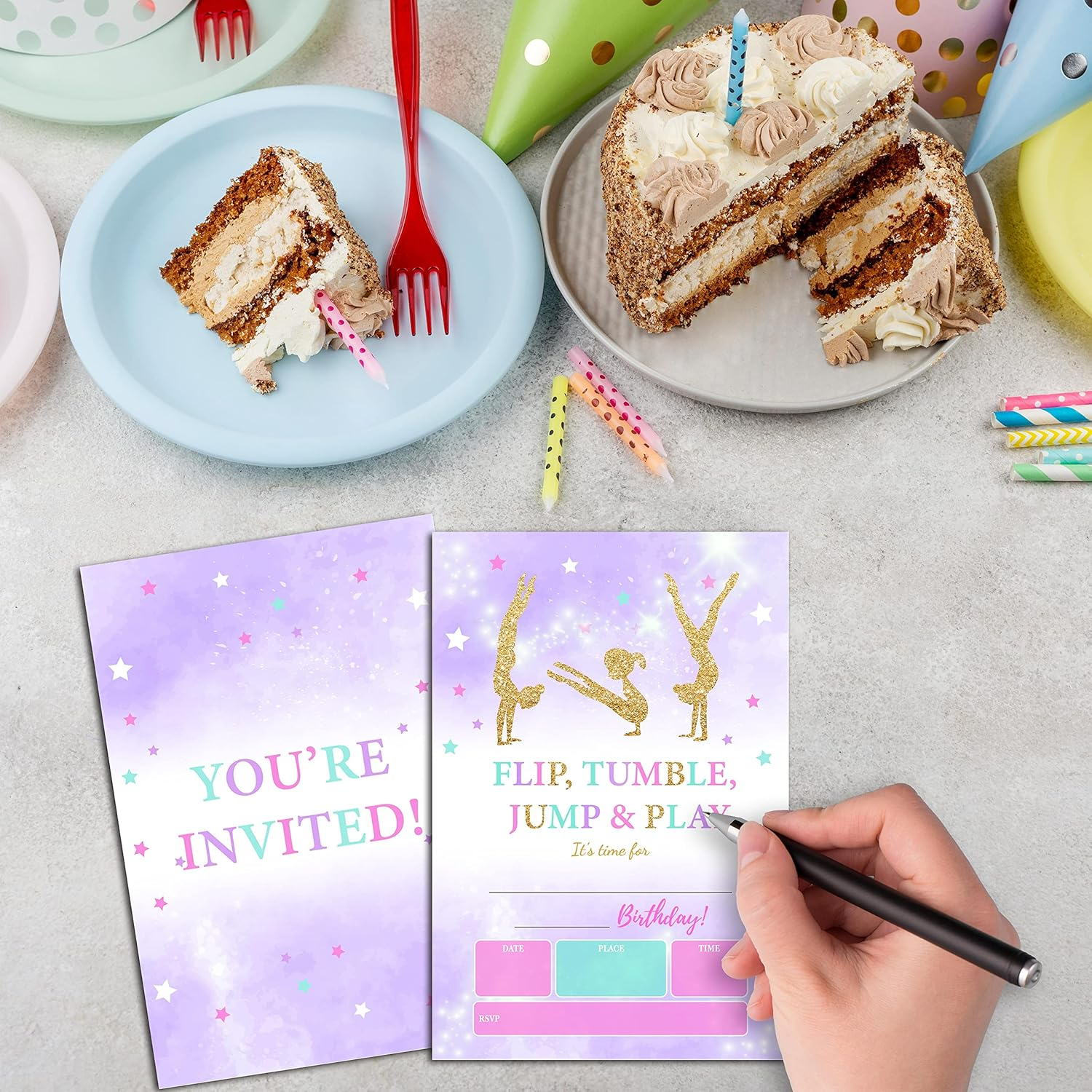 Gymnastics Birthday Invitations for Kids, Gold Glitter Birthday Party Invitation Cards, Jump Tumble and Play Party Celebration Supplies Decoration -20 Fill in Invitations with Envelopes (B17) image number 3
