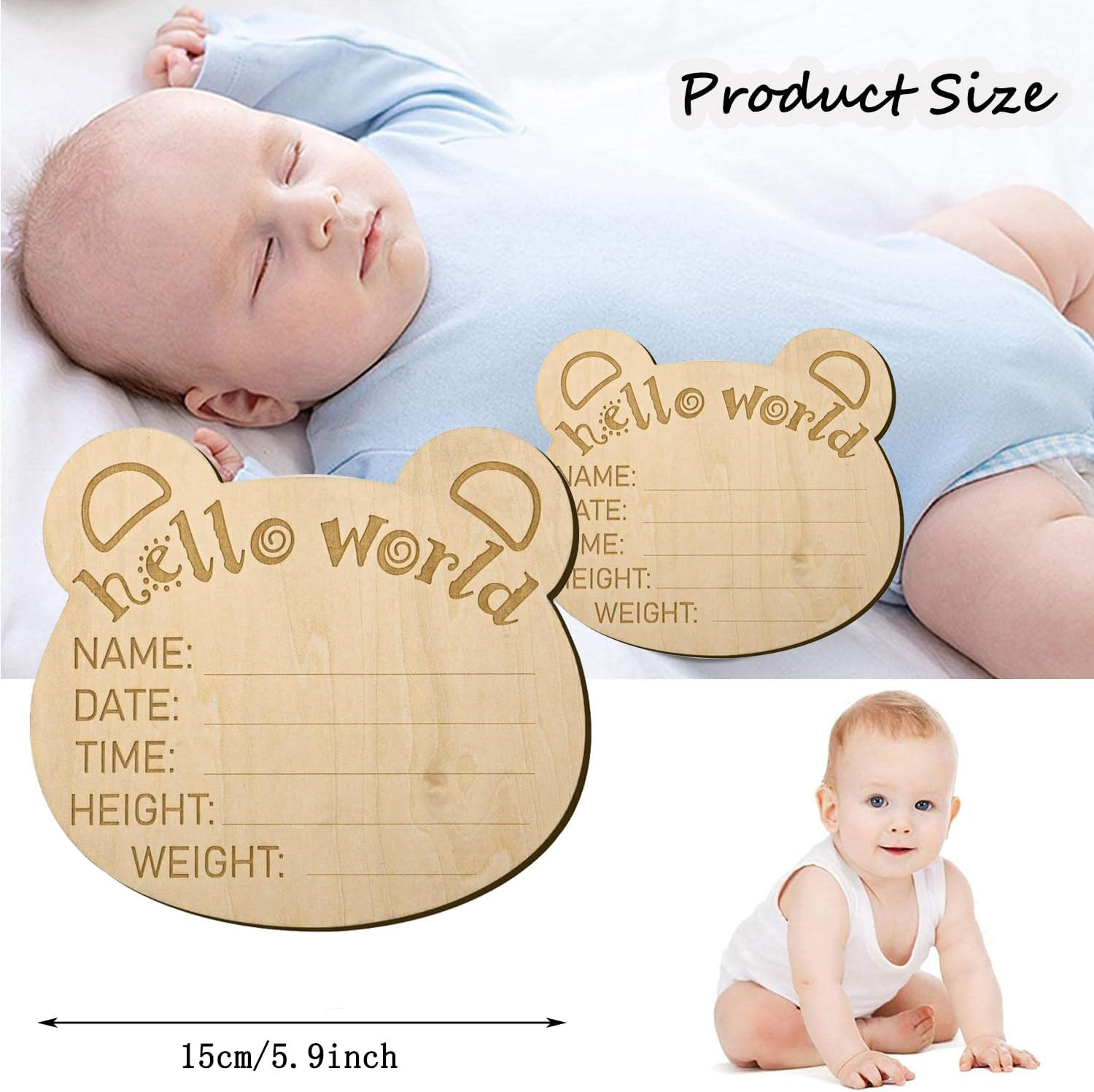 Wooden Baby Announcement Sign, Newborn Baby Announcement Sign, 5.9 Inch Hello World Newborn Welcome Sign for Baby Shower, Photo Prop, Hospital, Nursery, New Parents (A) image number 2