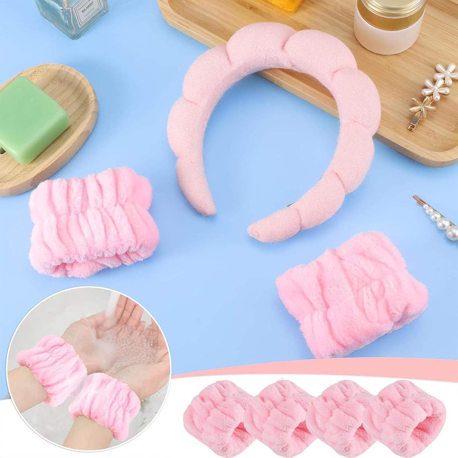 5 Pack Makeup Headband and Wristband for Women,Sponge & Terry Towel Cloth Fabric Headband for Skincare,Makeup Removal, Shower, Skincare (Pink) image number 1