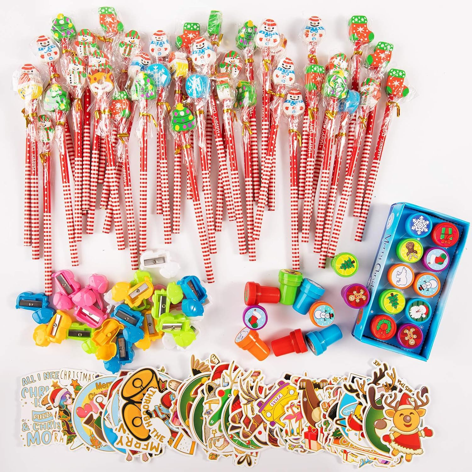 Whaline Christmas Stationery Collection 140 Set 40 Christmas Pencils with Eraser, 20 Christmas Stampers, 60 Xmas Stickers 52 Designs 20 Pencil Sharpeners Gift Party Favors Prize School Supplies image number 4
