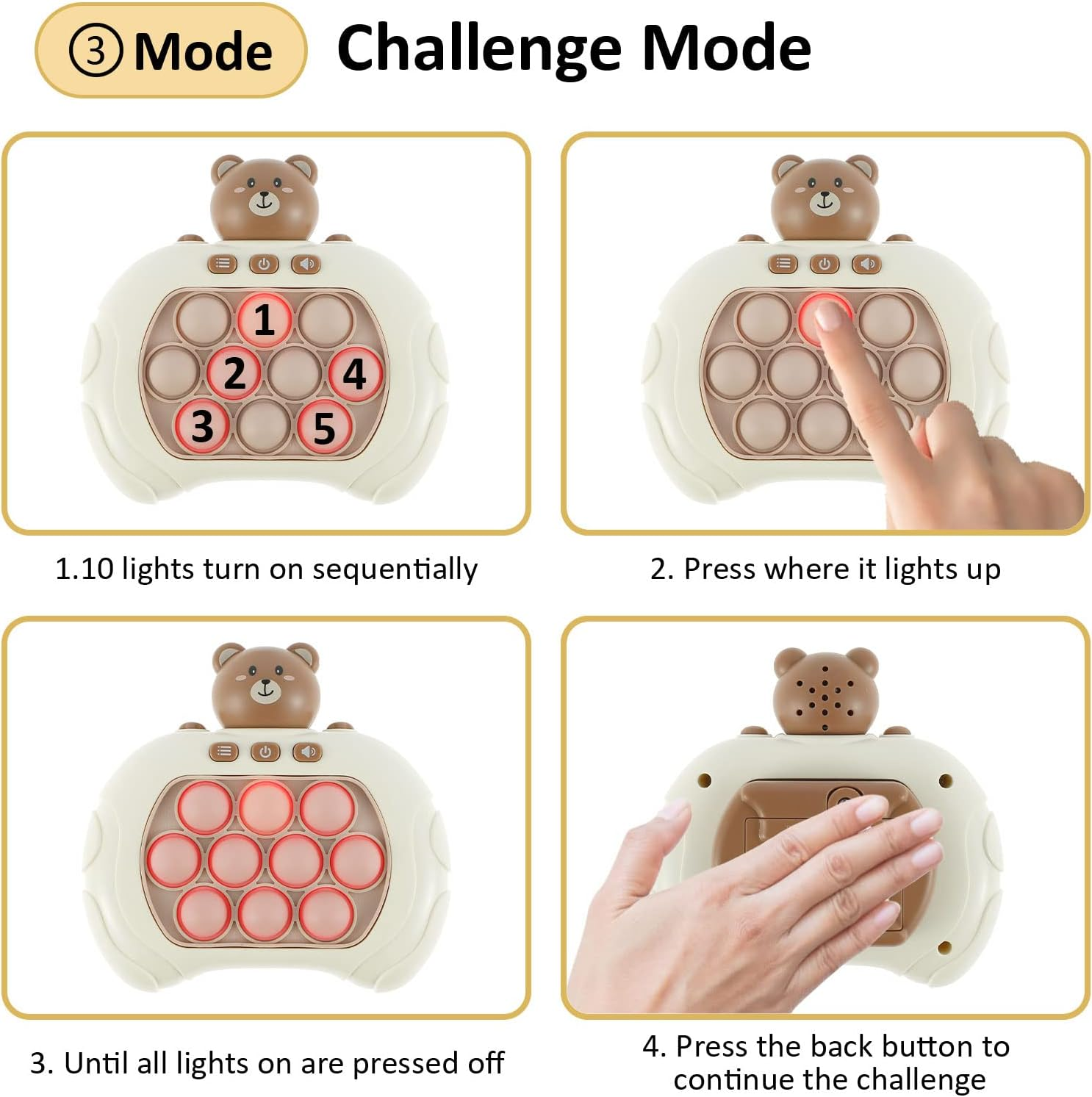 Game Machine,4 Playing Modes Battery Powered Portable,Push Pop Sensory Toys for Kids Pop Puzzle Game,Electronic Handheld Light-Uptoy for Teenagers Adults Stress Relief (Bear)