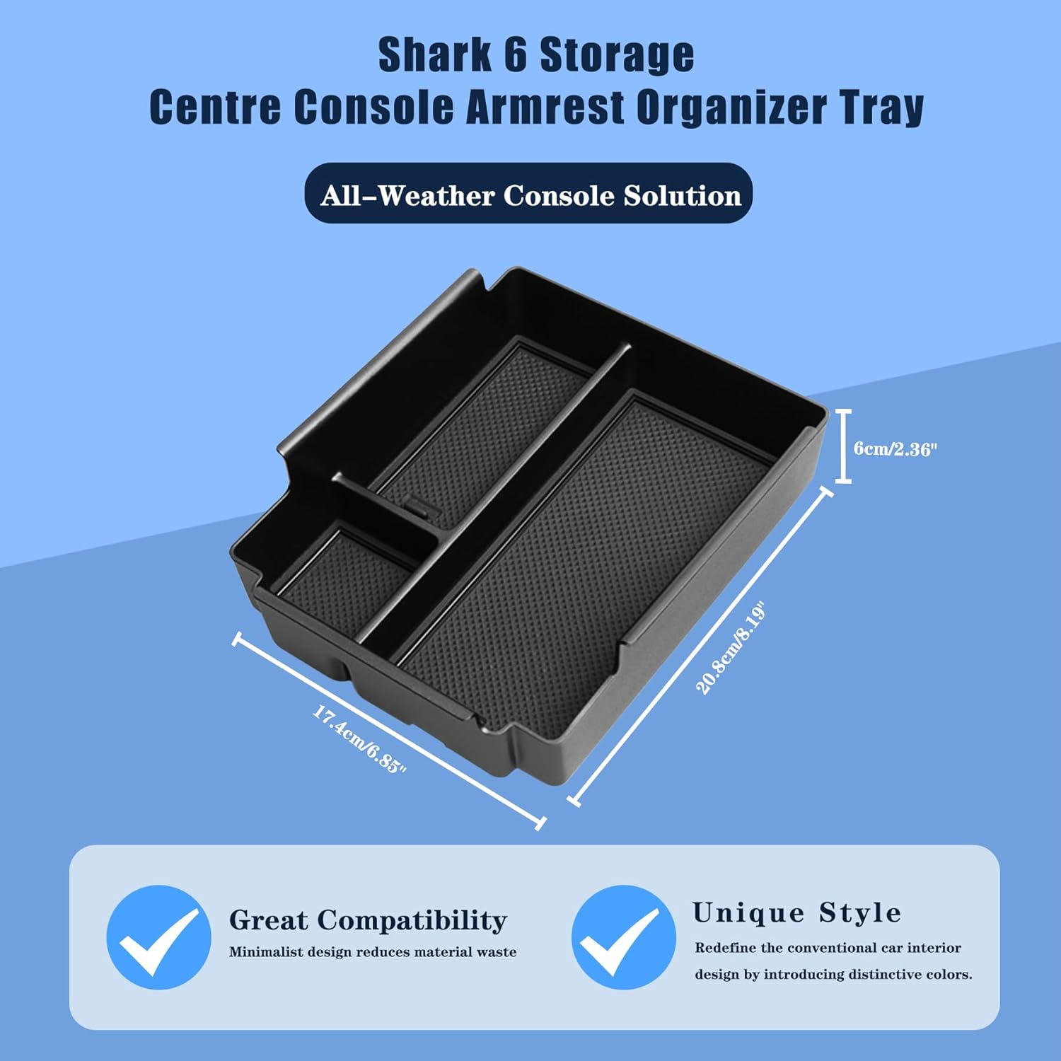 Center Console Organizer Tray Compatible with 2024-2025 BYD Pickup Shark 6 Accessories, Armrest Storage Box ABS Storage Tray Insert Interior(Black) image number 1