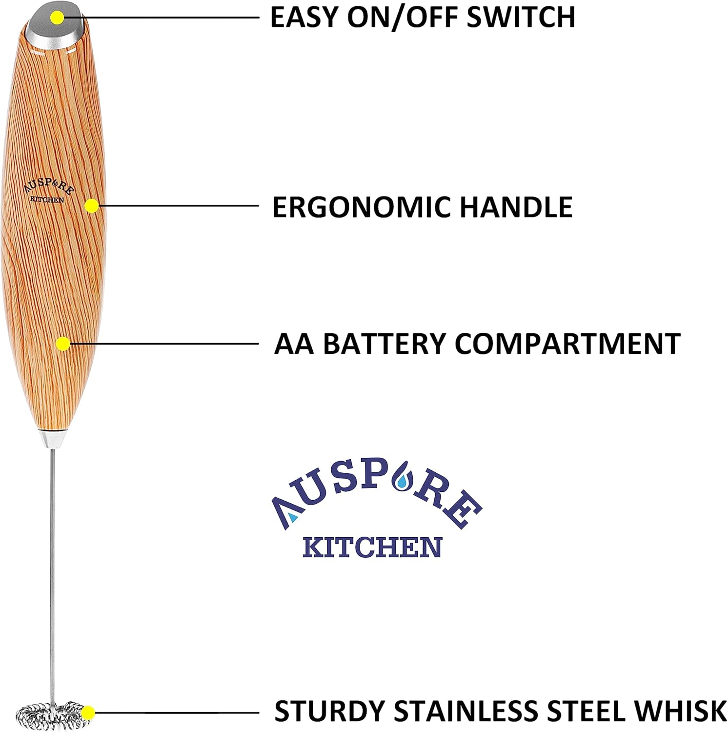 AUSPURE Milk Frother Handheld, Electric Stainless Steel Whisk, for Coffee Latte, Cappuccino, Hot Chocolate, Matcha & Protein Drinks - Battery Operated, Brown Wood image number 1