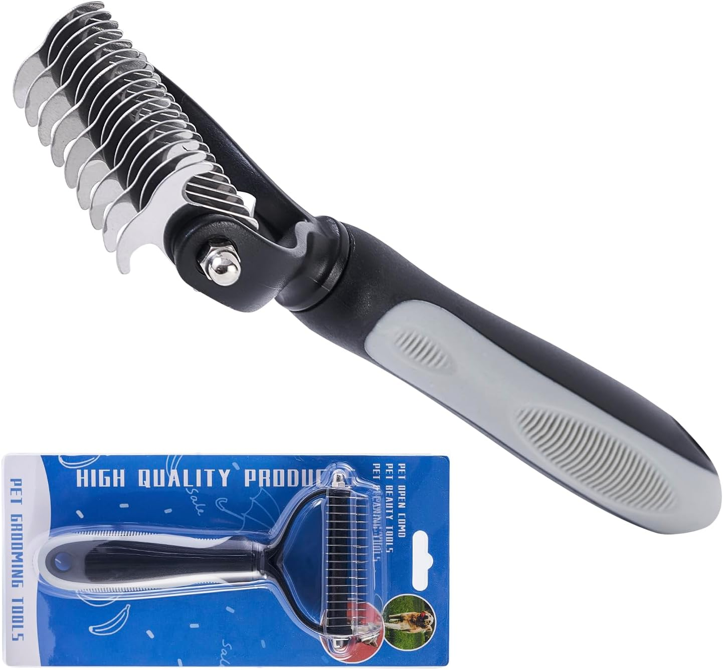 Pet Grooming Brush, Double-Sided Deshedding Rake, Dematting Undercoat Comb, Remove Tangles & Knots, for Dogs and Cats, Double Coats & Long Hair (Grey) image number 2