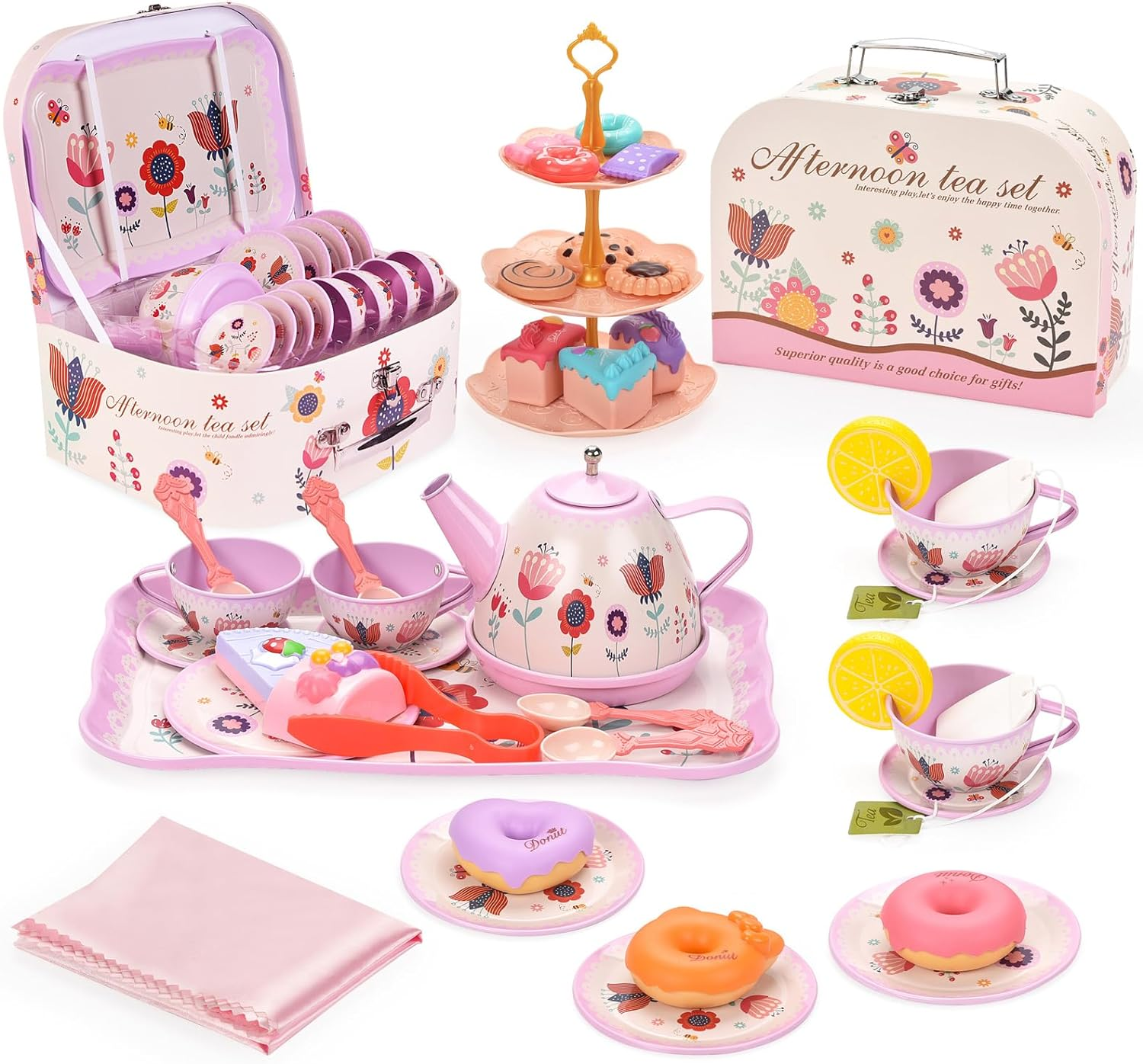Tea Set for Little Girls, Birthday Gift for Age 3 4 5 6 Year Old, Toddler Toys Tea Party Set for Little Girls, Princess Kids Kitchen Pretend Toy with Tin Tea Set, Desserts & Carrying Case image number 3