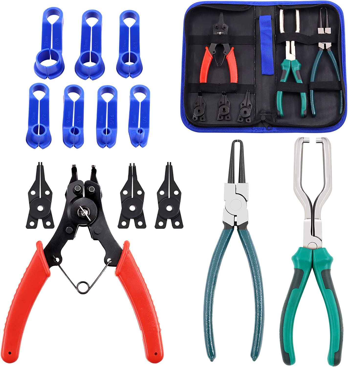 Glarks 10Pcs Fuel Line Pliers Kit, 9 Inch Fuel Filter Calipers and Hose Pipe Clamp Disconnect Release Removal Pliers and 4 in 1 Snap Ring Pliers with 7Pcs AC Fuel Line Disconnect Tool Set